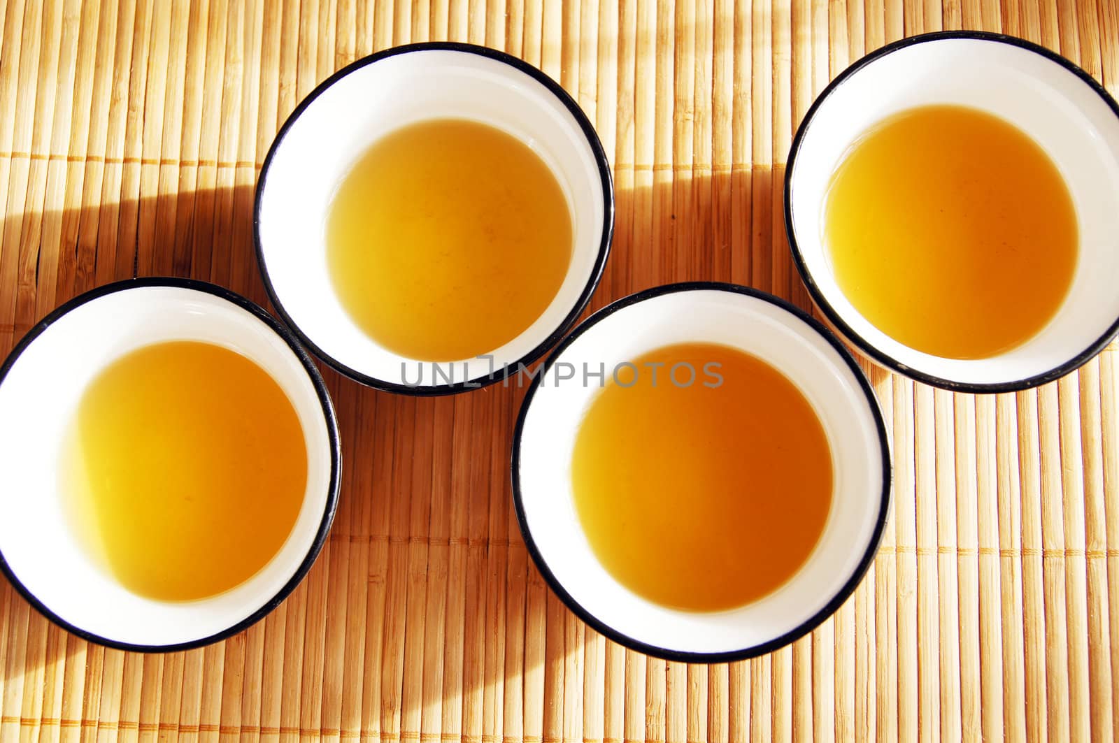 Closeup of set of China tea on bamboo mat by Elet