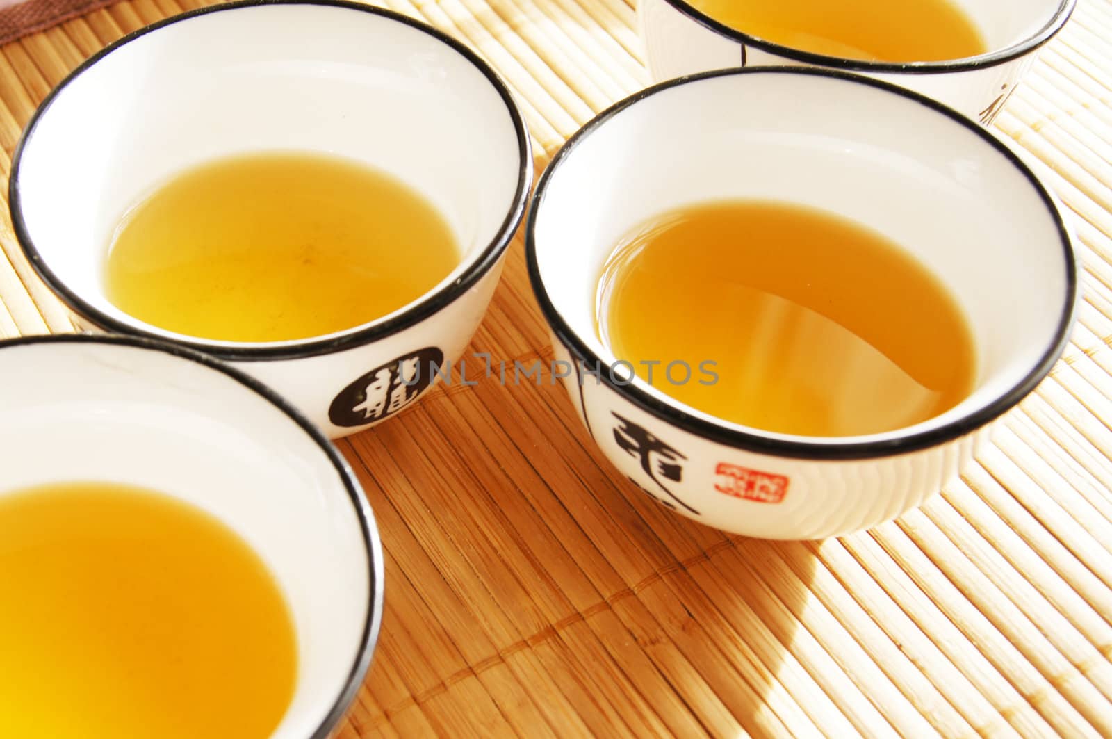 Closeup of set of China tea on bamboo mat by Elet