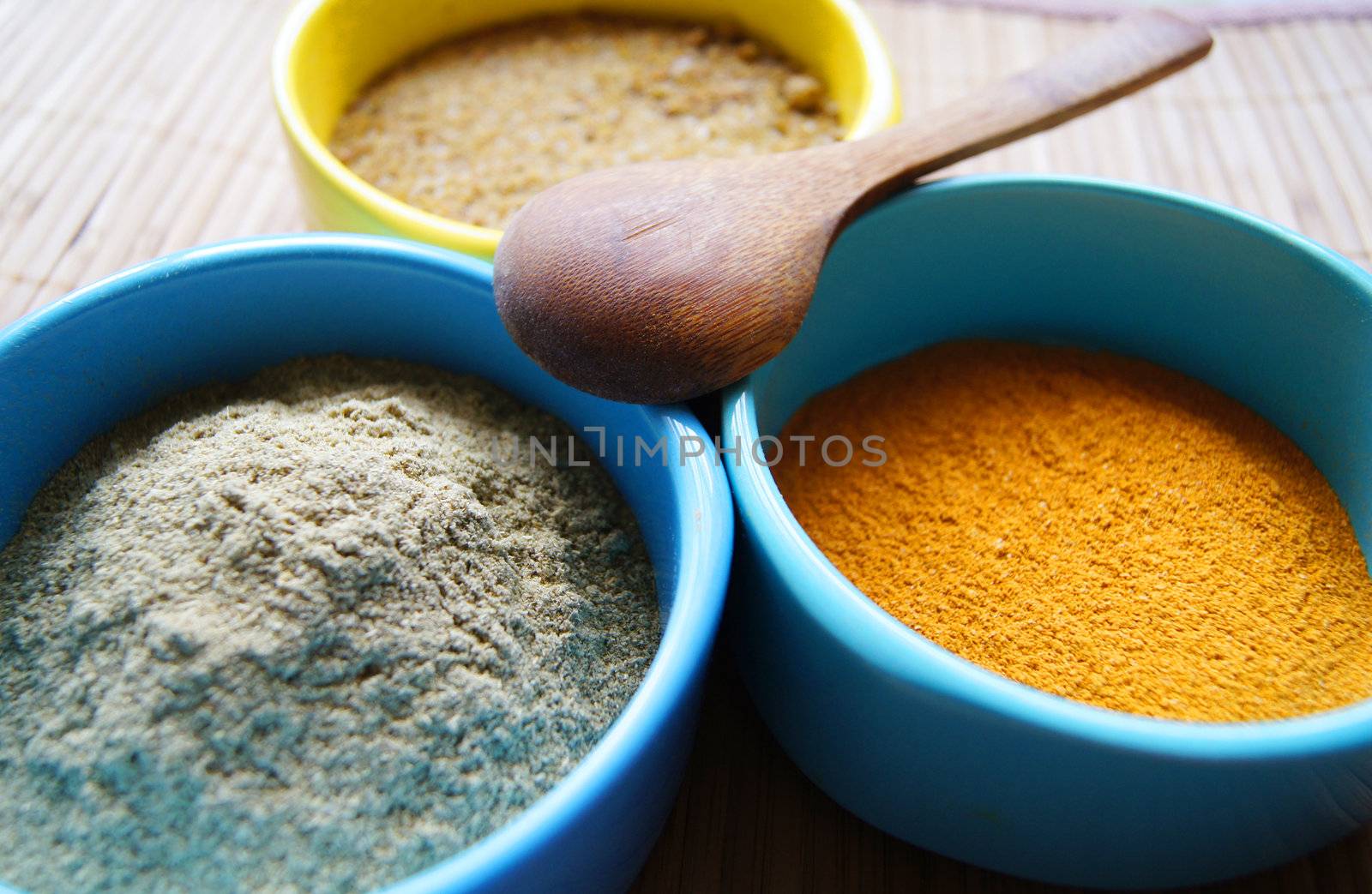 variety of spices:svan salt, saffron and coriander