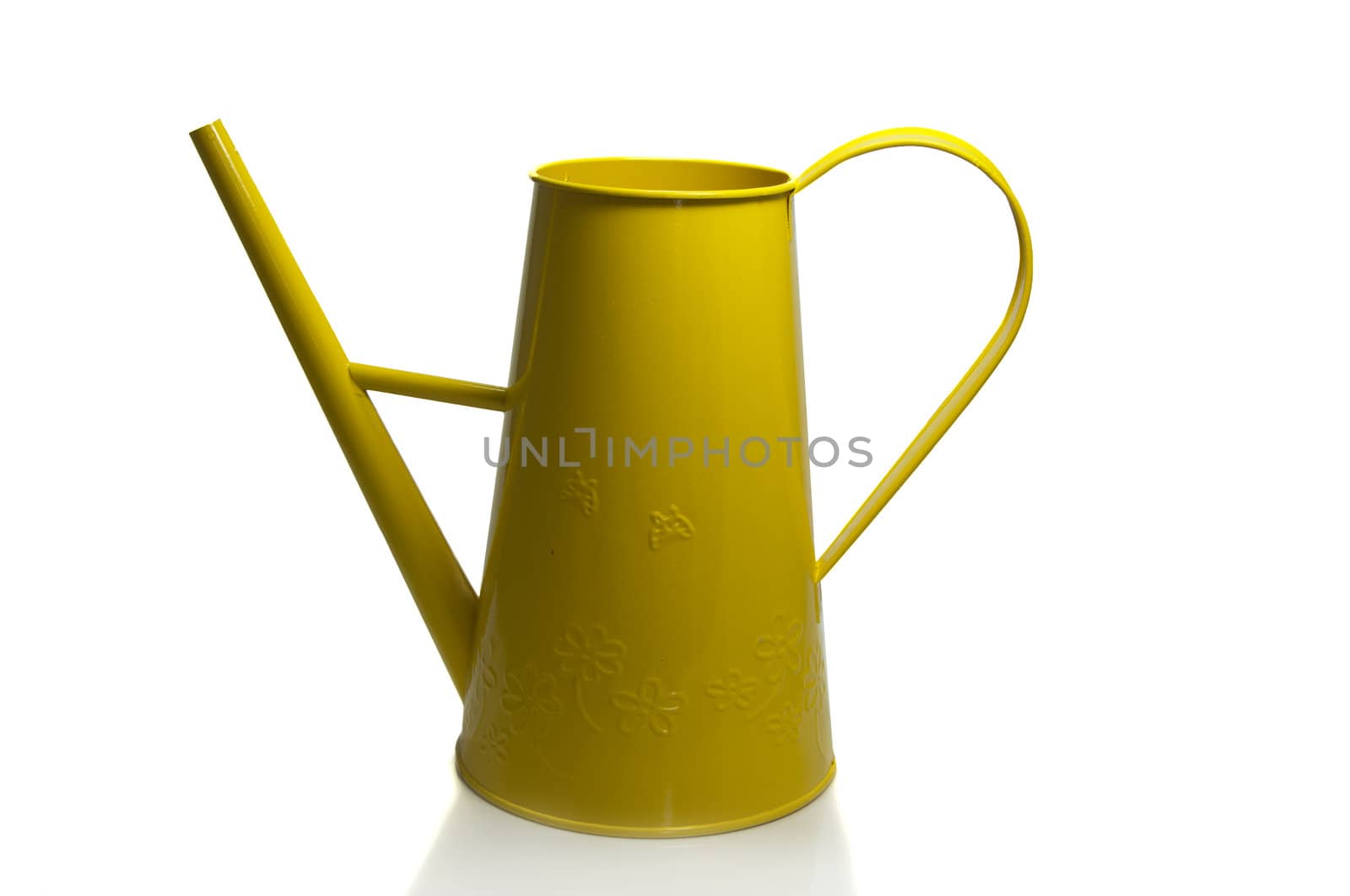 yellow watering can on isolated white