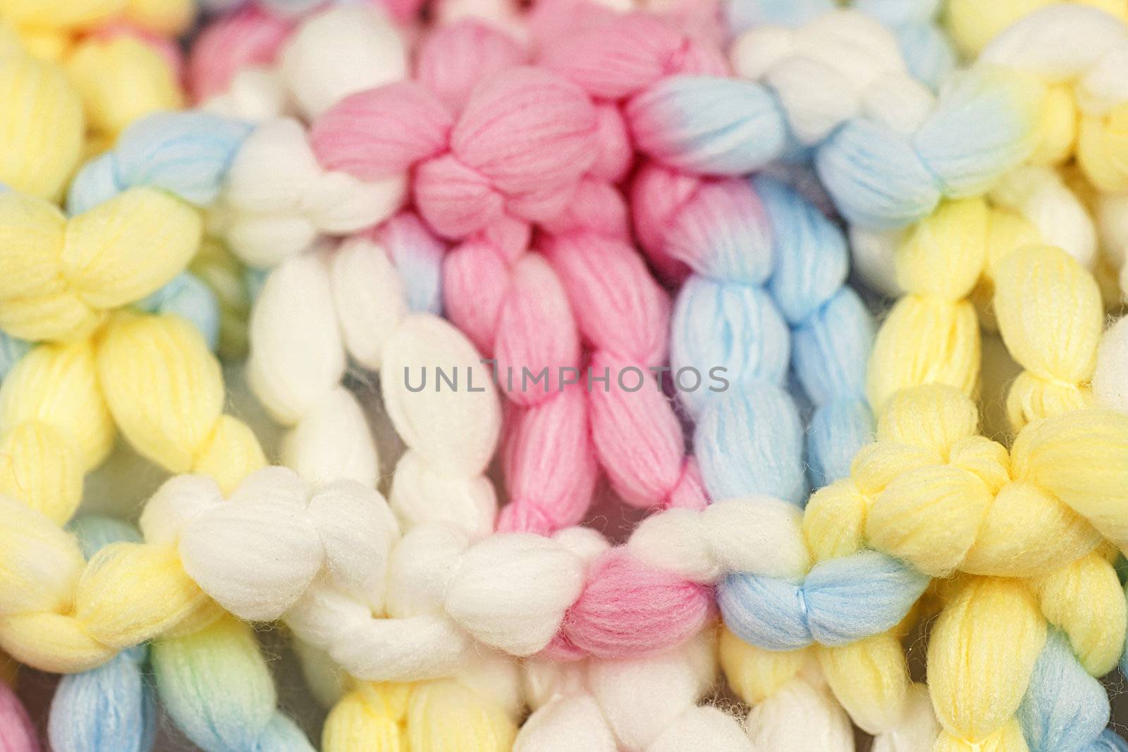 Macro shot of knitted colorful pastel or baby color wool or yarn, great baby, arts and crafts or texture abstract background.