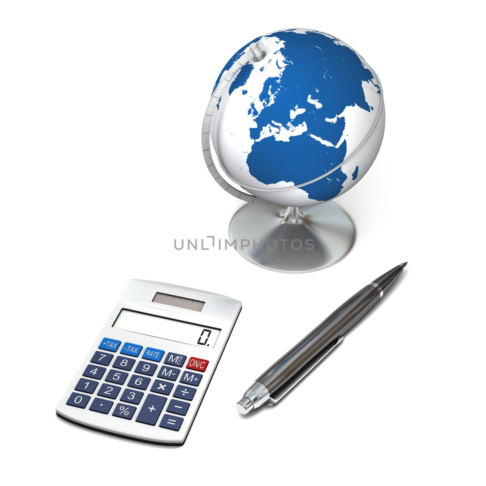 Concept of global business with calculator and globe, isolated on white background. Elements of this image furnished by NASA.