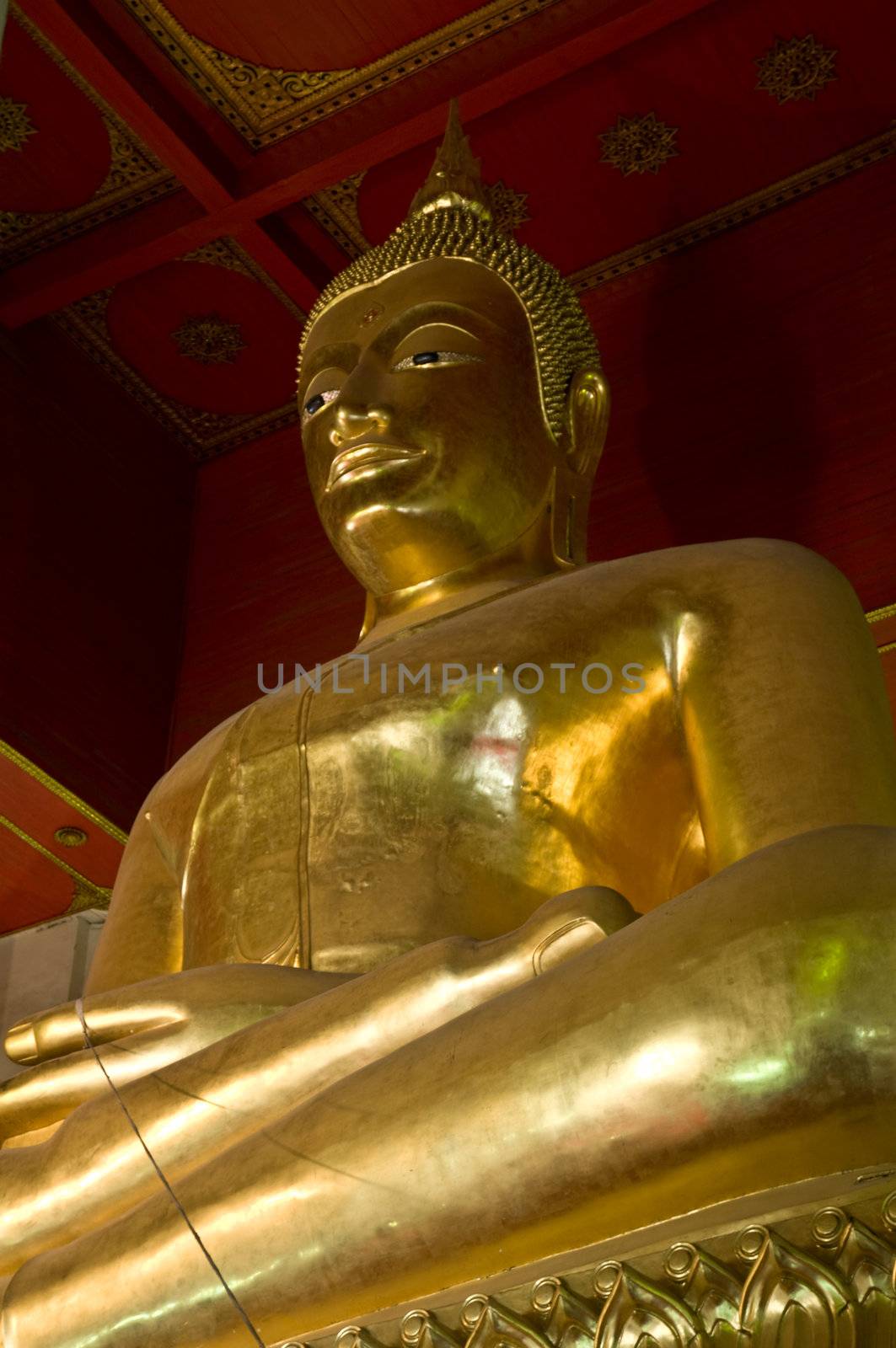 Red roofed hall with ornaments and a tall golden Buddha statue. by 3523Studio