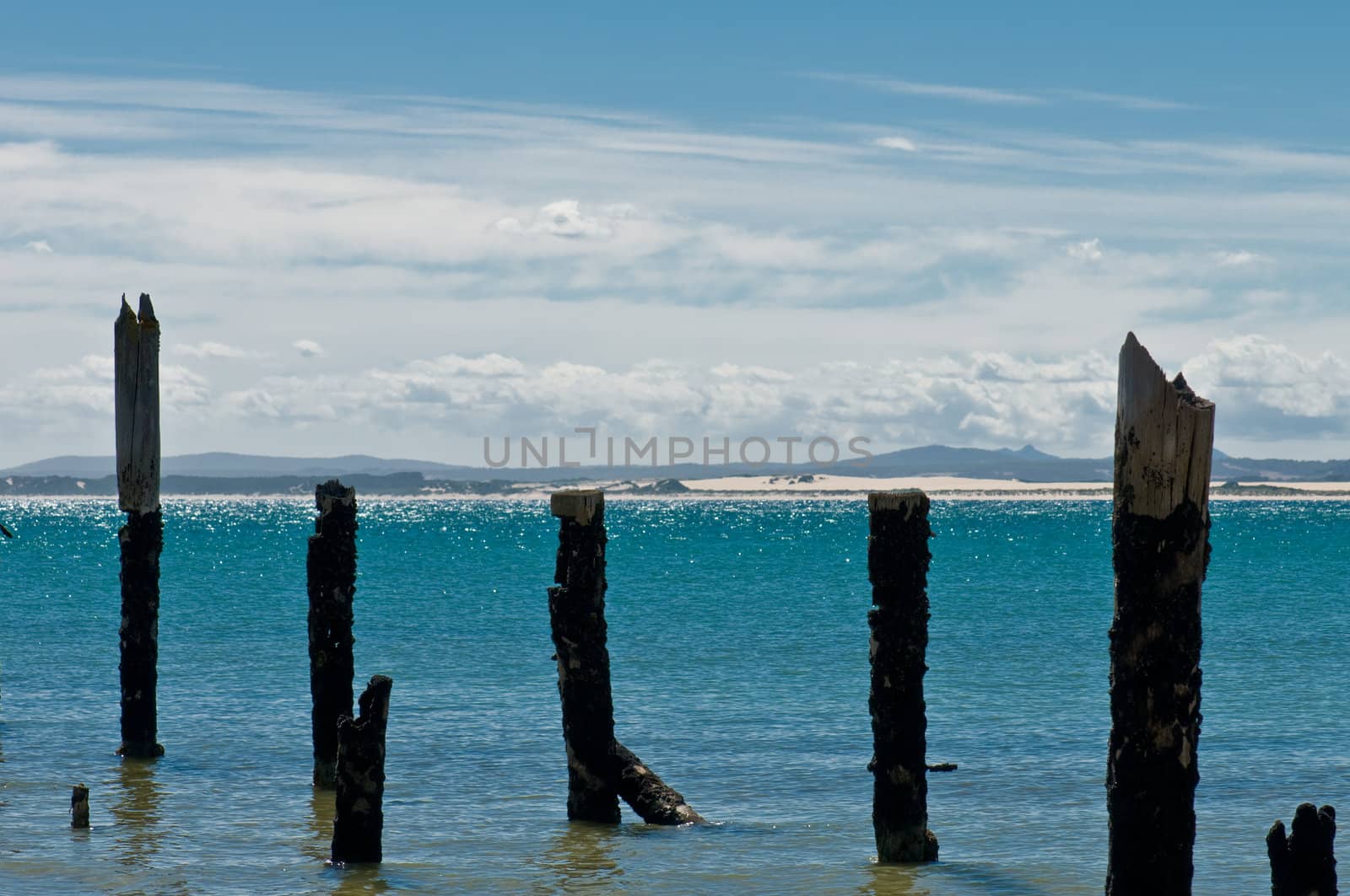 Beautiful rotten mooring on a beach where only the pillars are left over at a bright sunny day 
