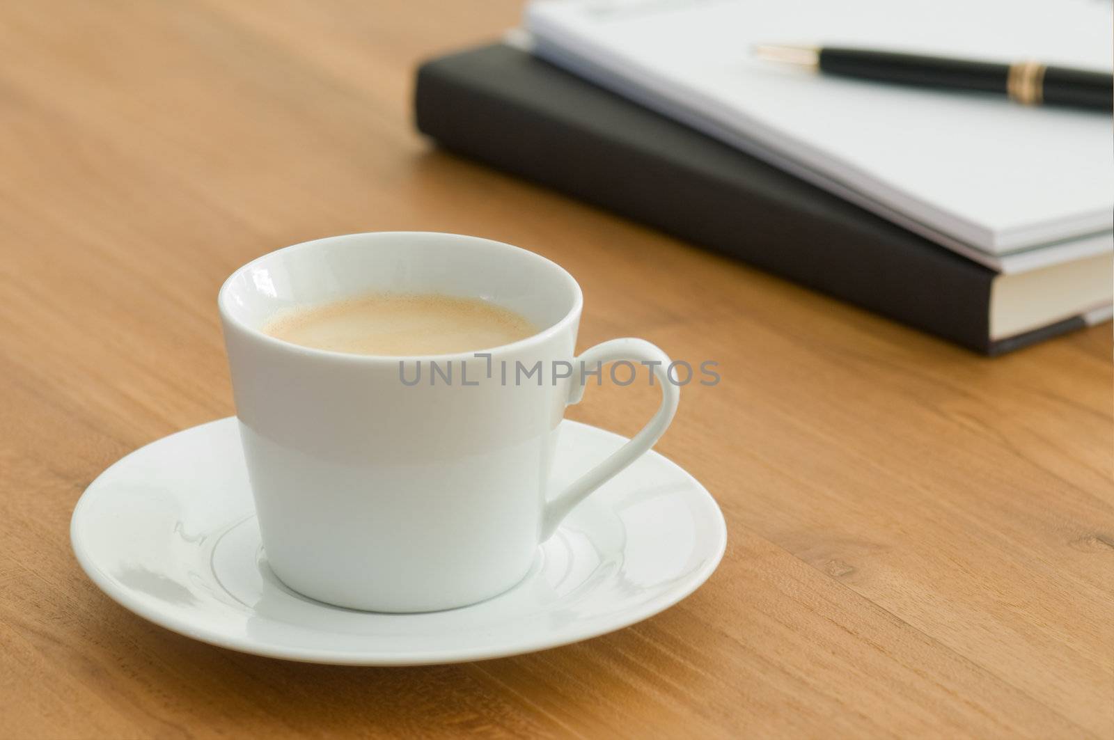 White coffee cup, pen and notepad by 3523Studio