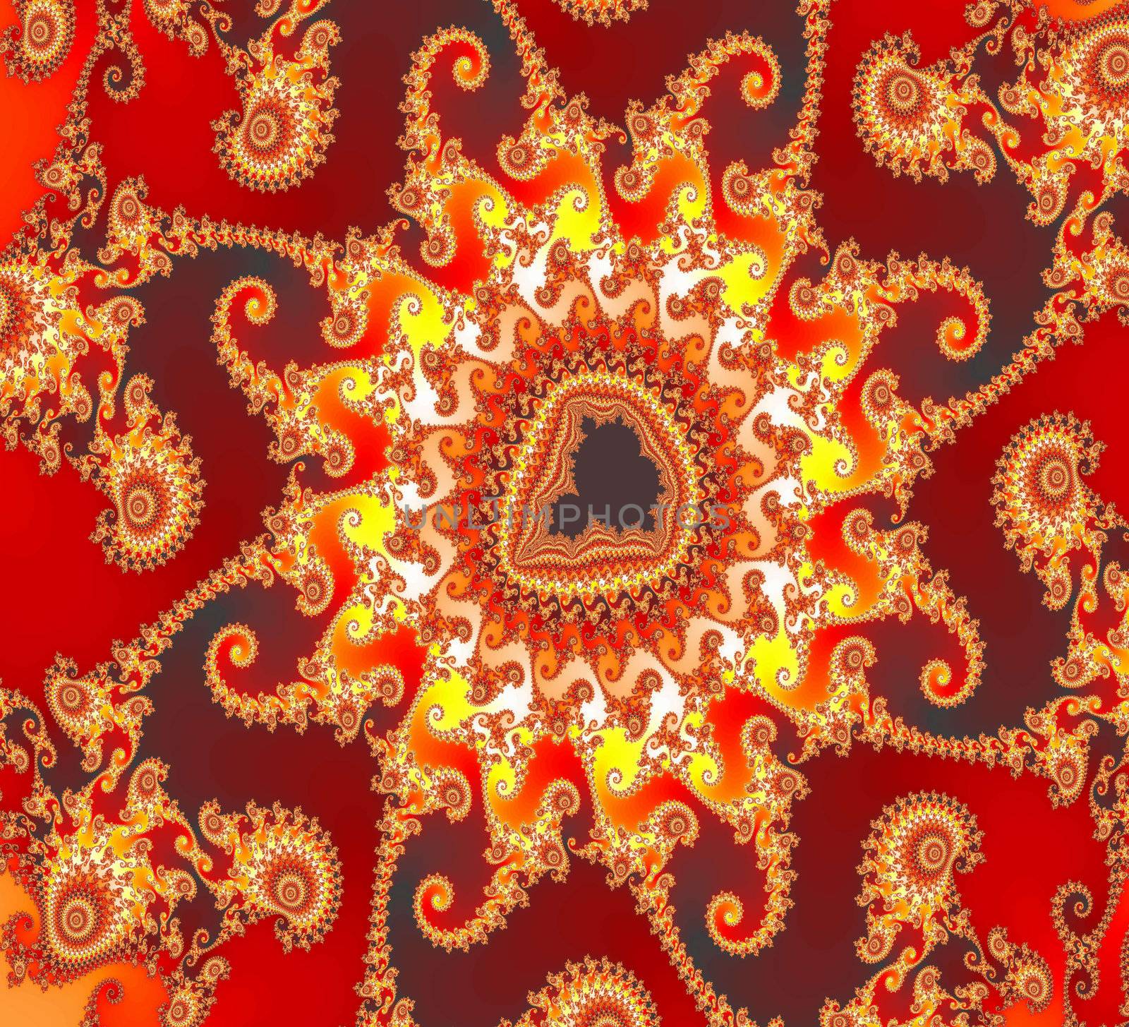 A rich and colorful spiral swirls fractal collage. Digital art creation.