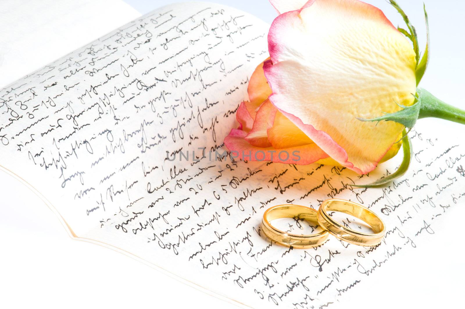 Red yellow rose and gold rings over a hand written love letter