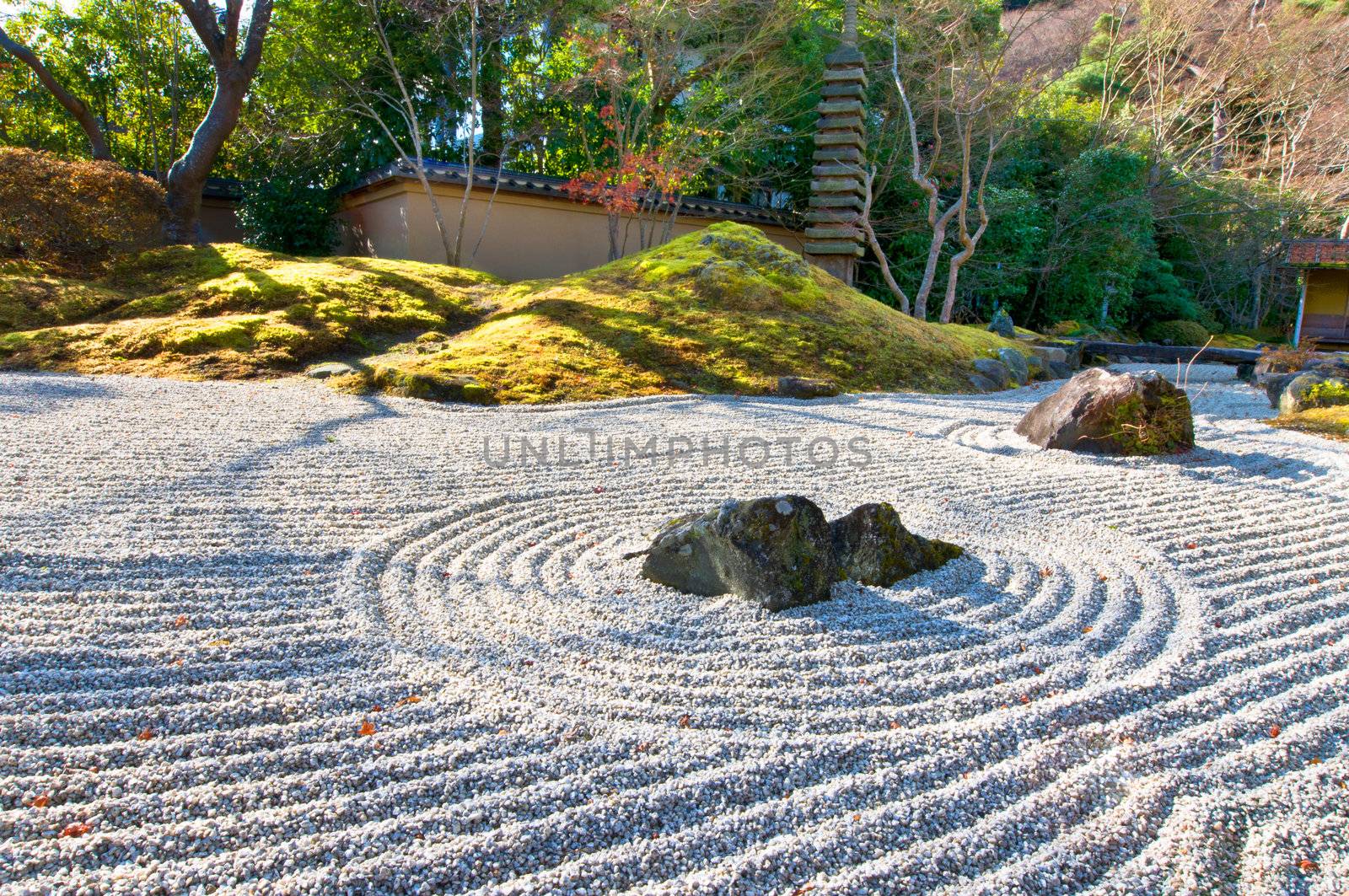 Zen stone garden at a sunny morning
