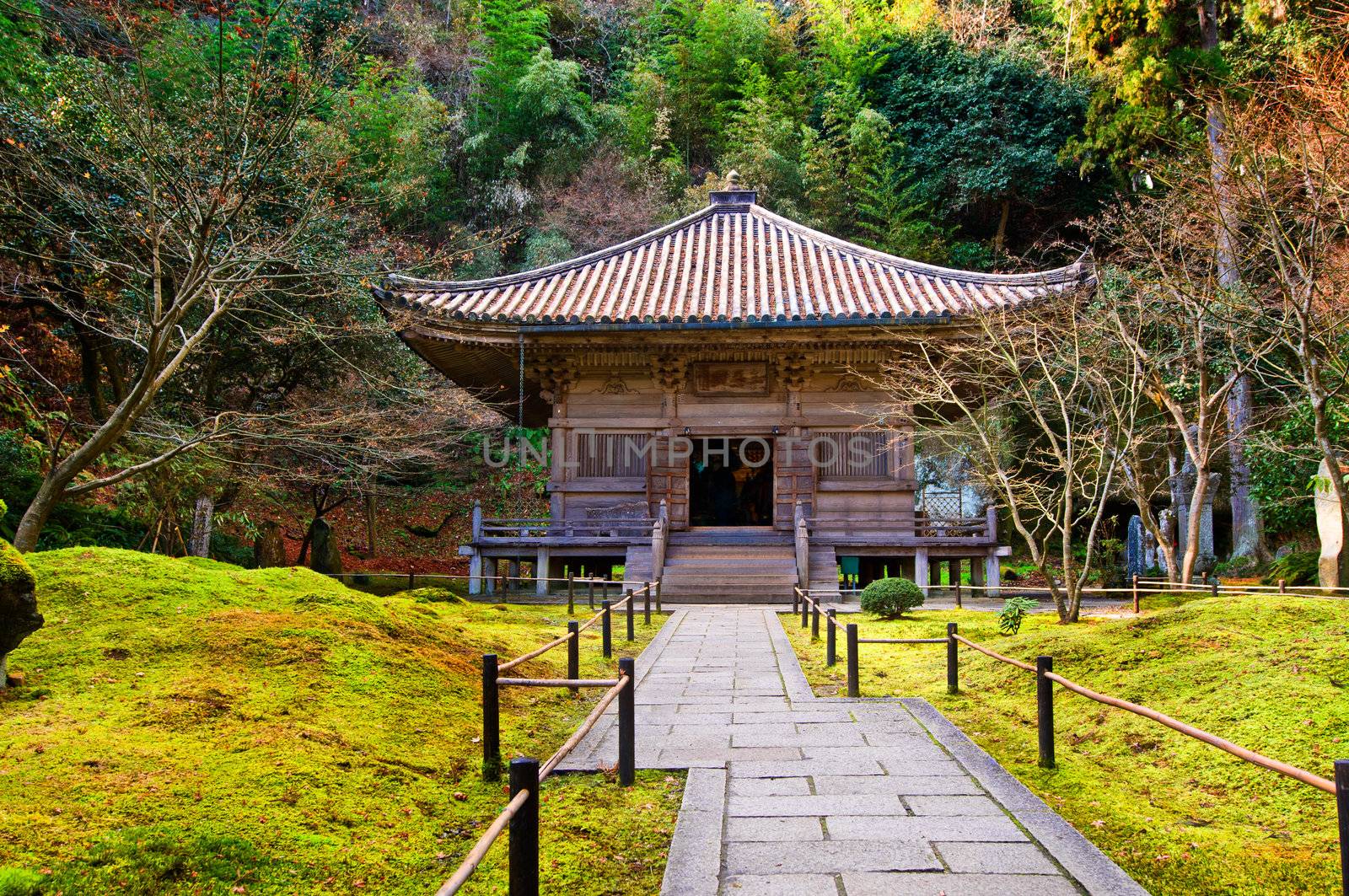 Zen temple in a garden at a sunny morning