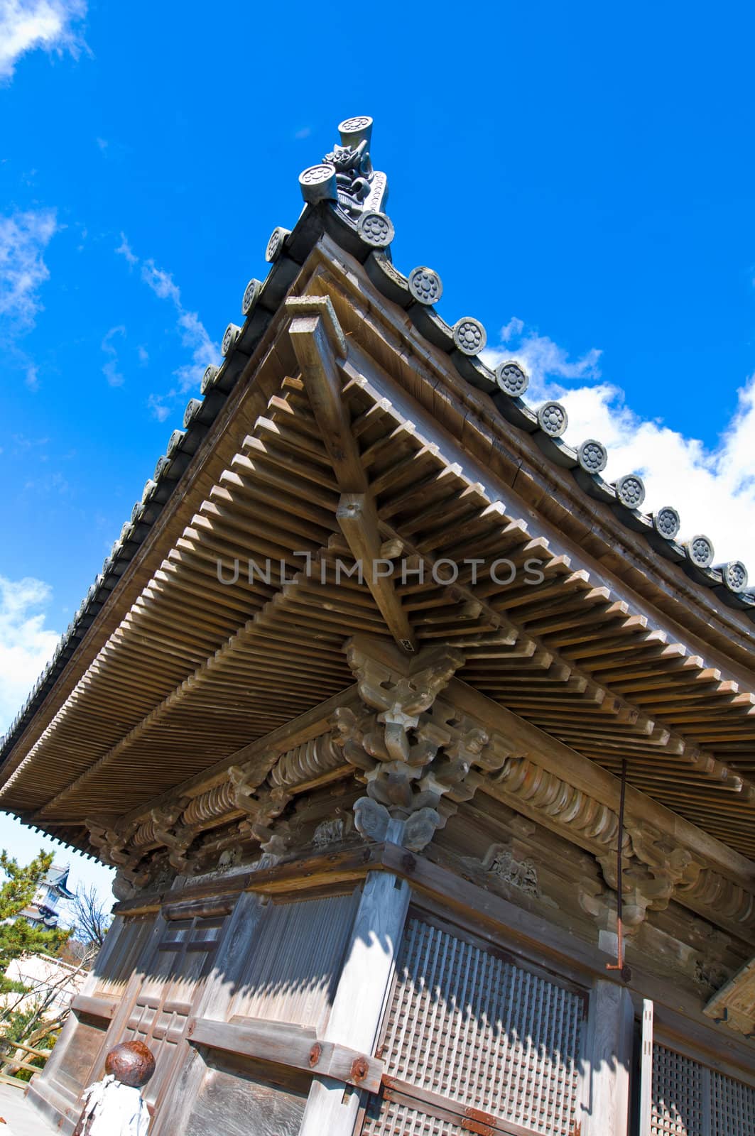 Side view on a teahouse in Japan under blue sky