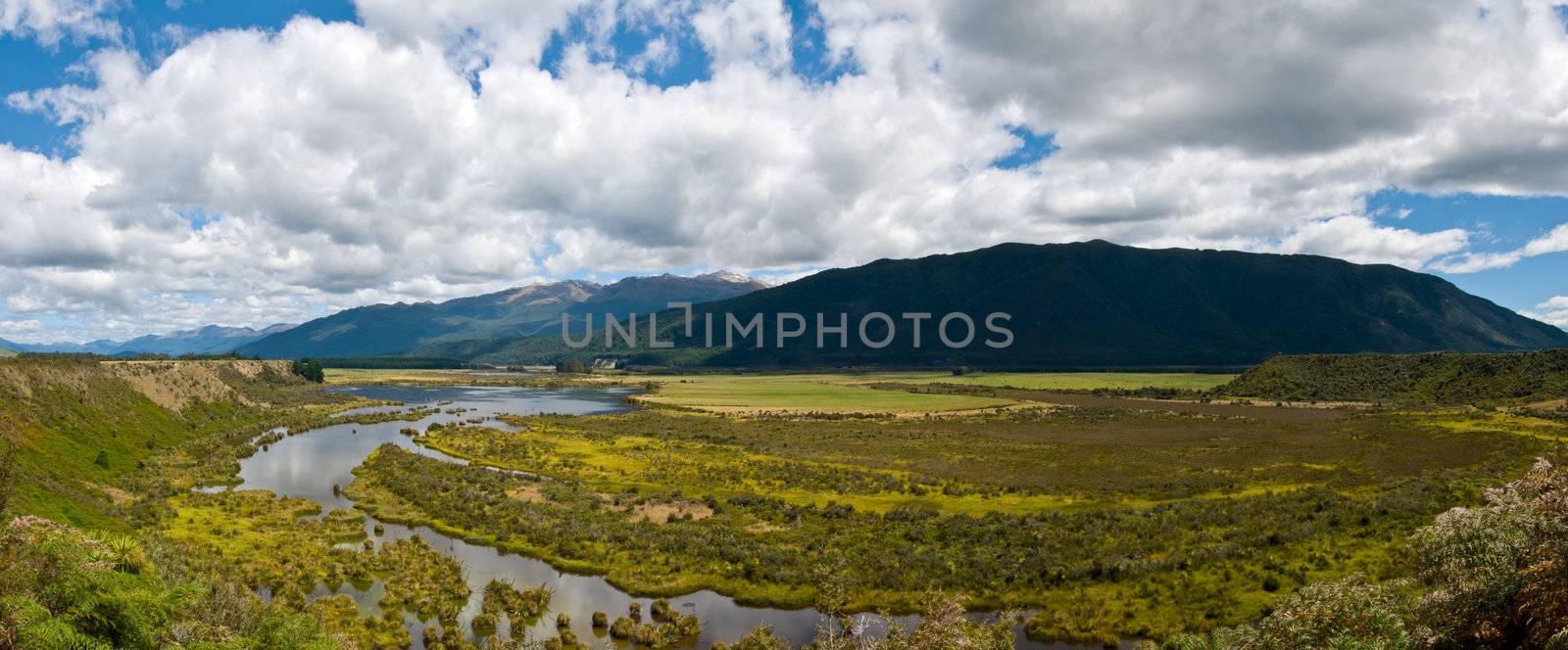 Panorama of Waiau river wetland South island of New Zealand