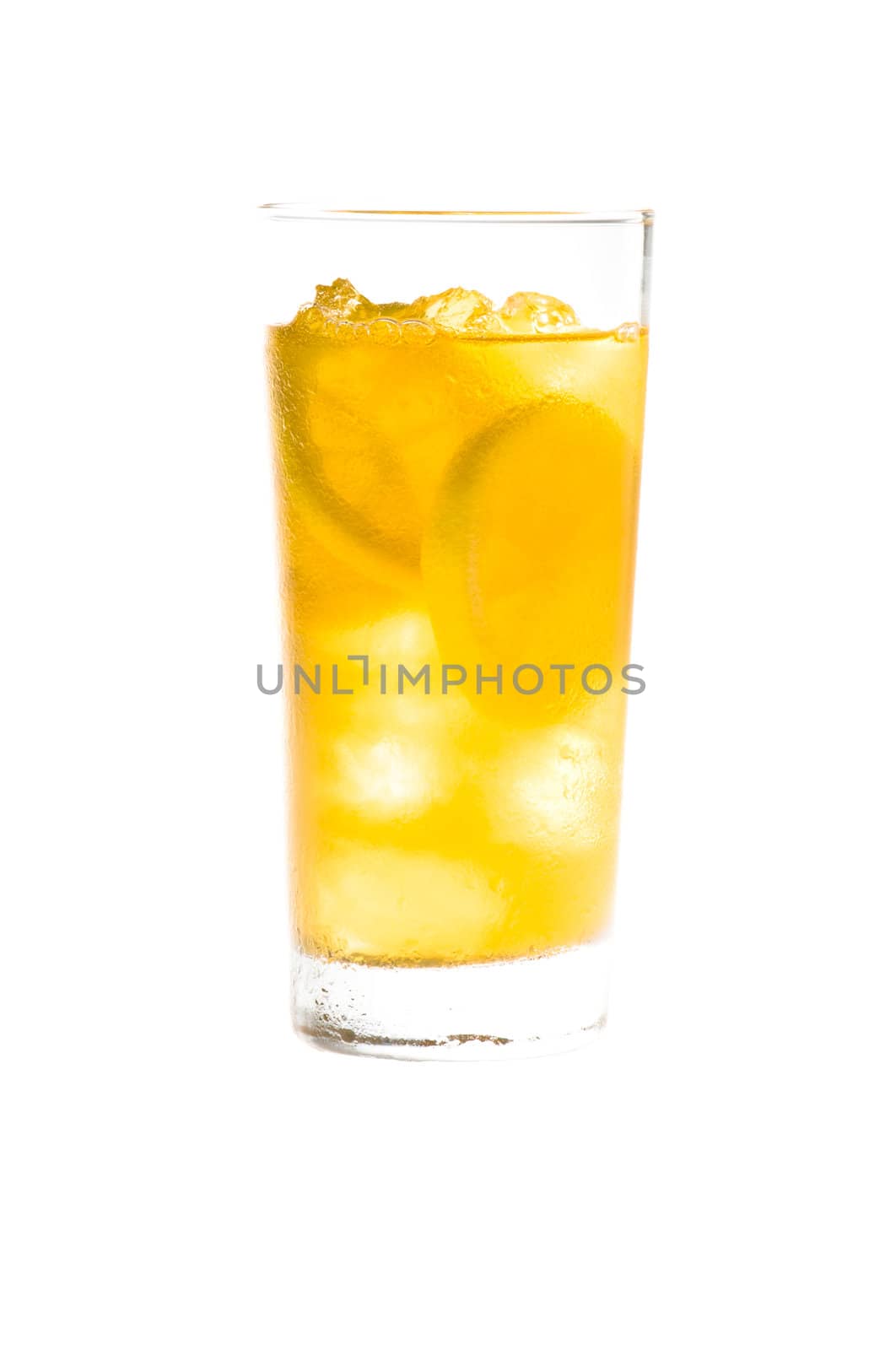 Chilled lemon ice tea over white in nice yellow color 