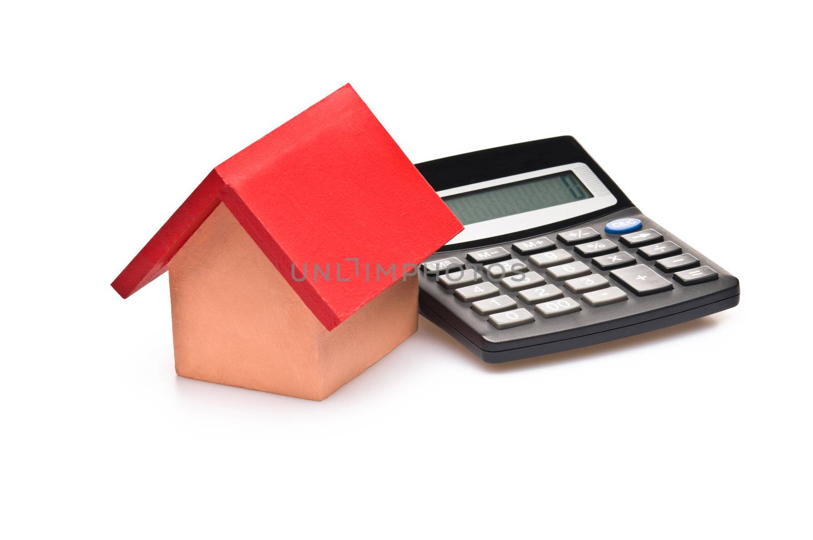 red roofed house over white with a black calculator
