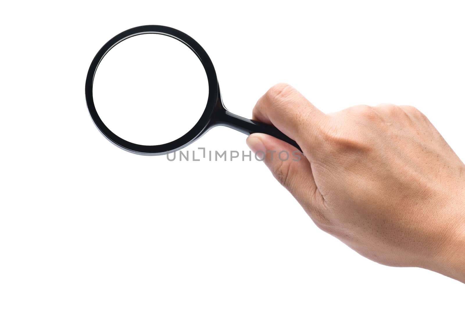 hand holds a magnifying glass over white whith clipping path