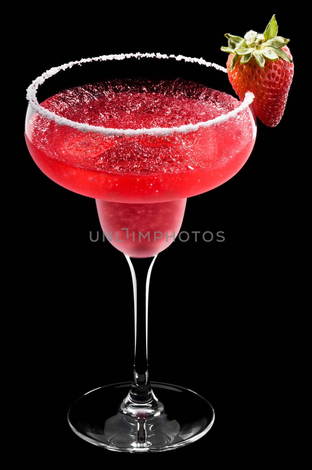 Strawberry Margarita in front of a black background with fresh garnish