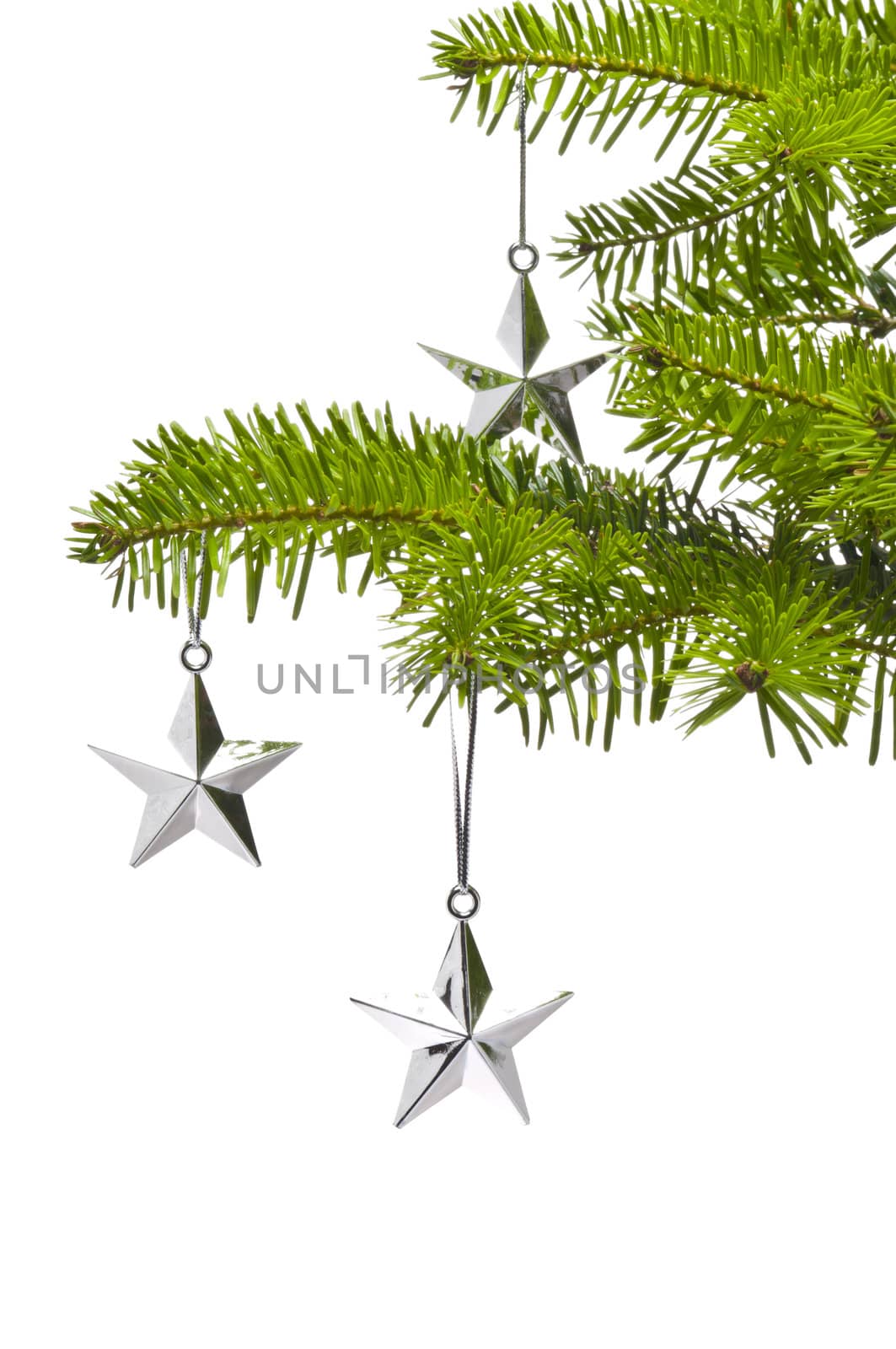 Three silver star as Christmas tree decoration, over white