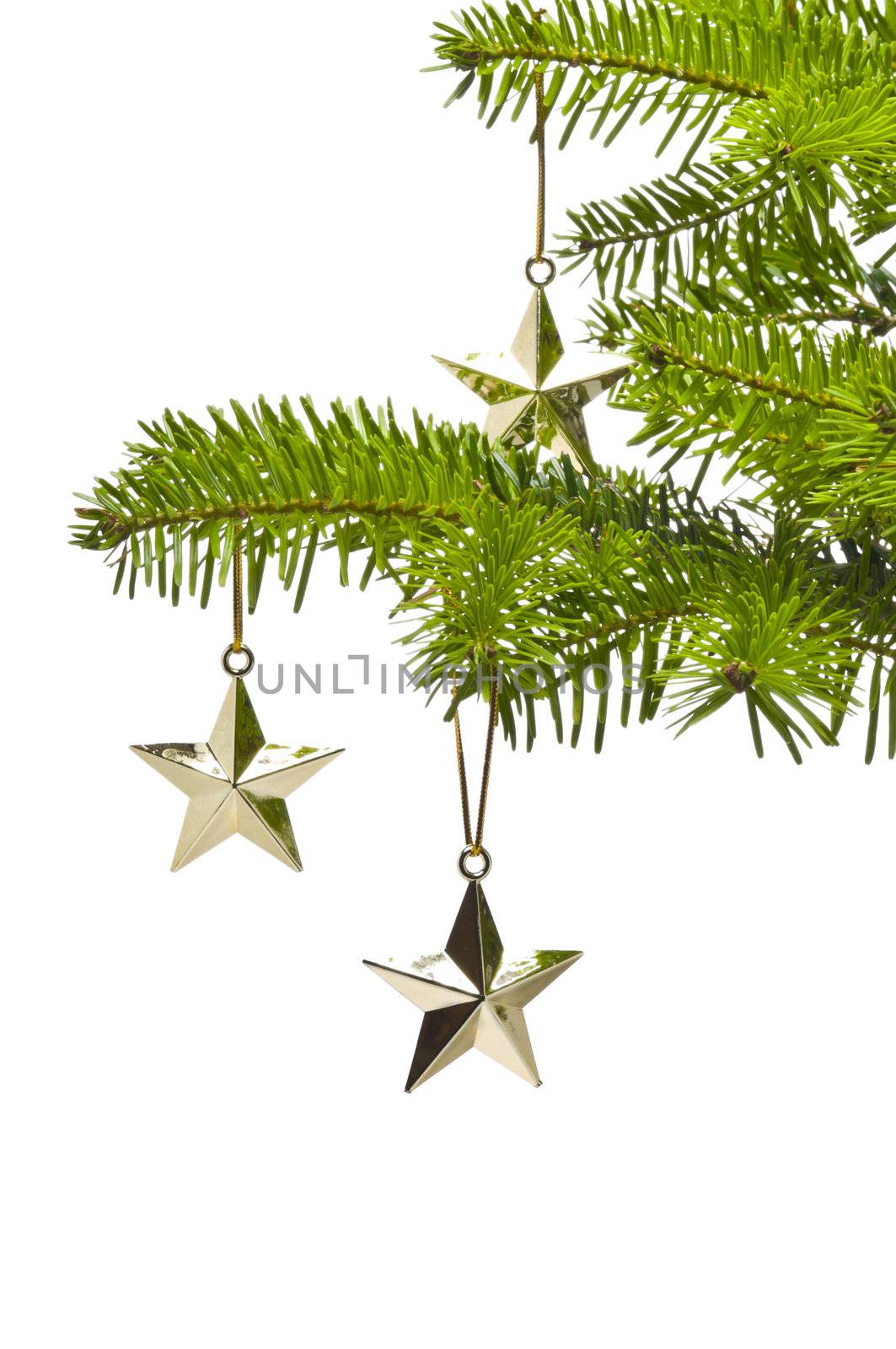 Three golden star as Christmas tree decoration, over white