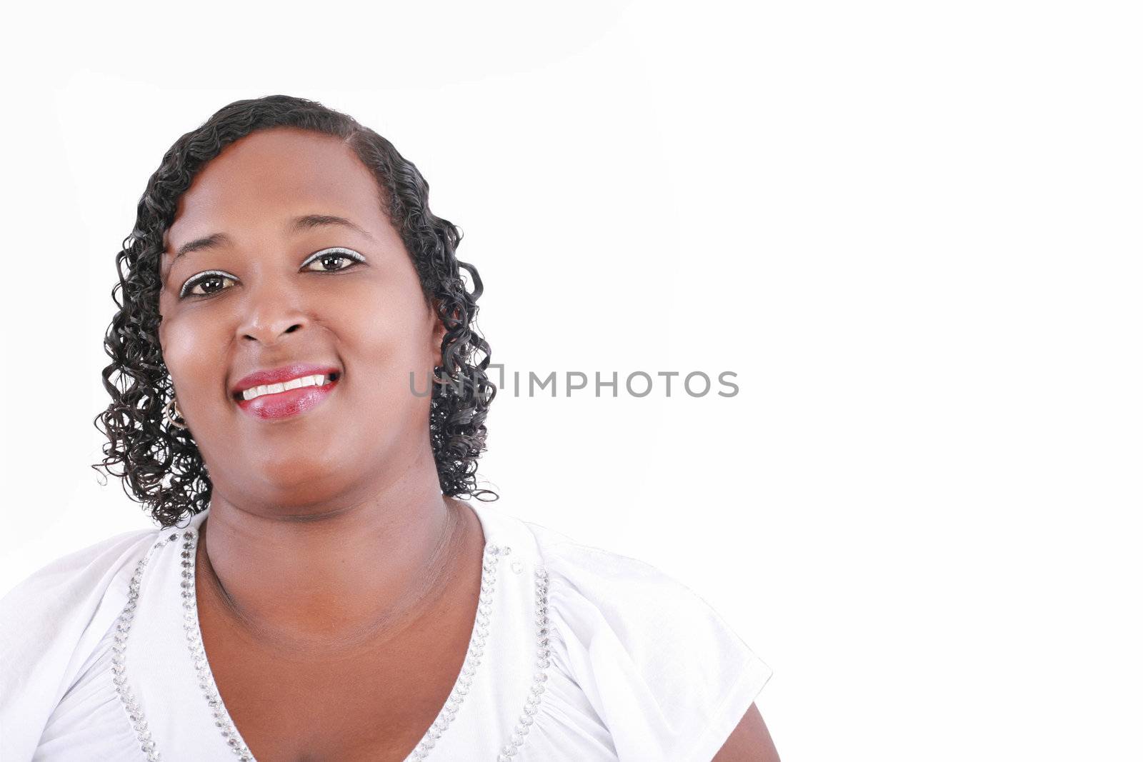 Close up happy and confident obese black woman smiling