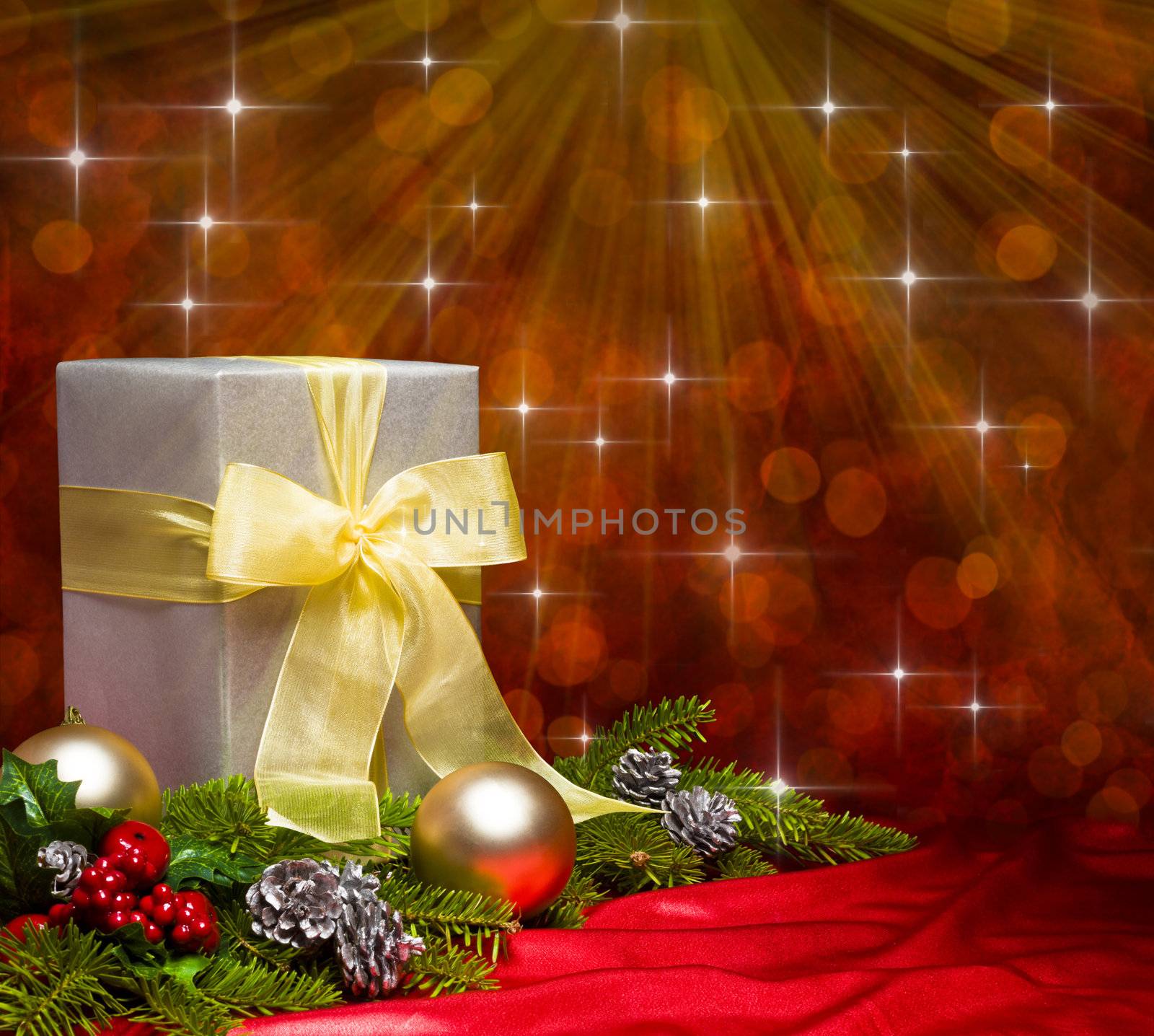 Present decorated with Christmas decoration, with space for advertising text