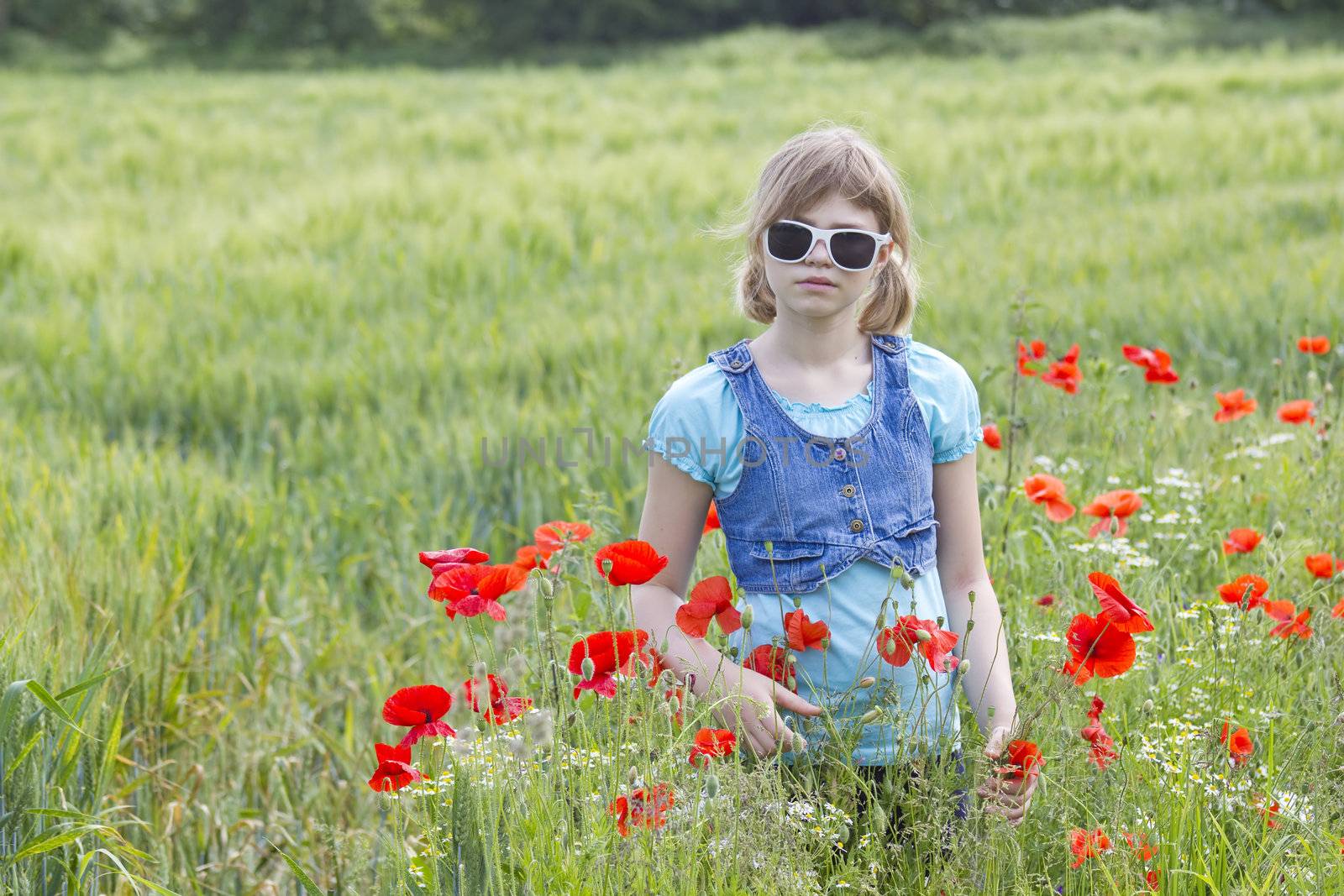 Cute young girl in poppy field  by miradrozdowski