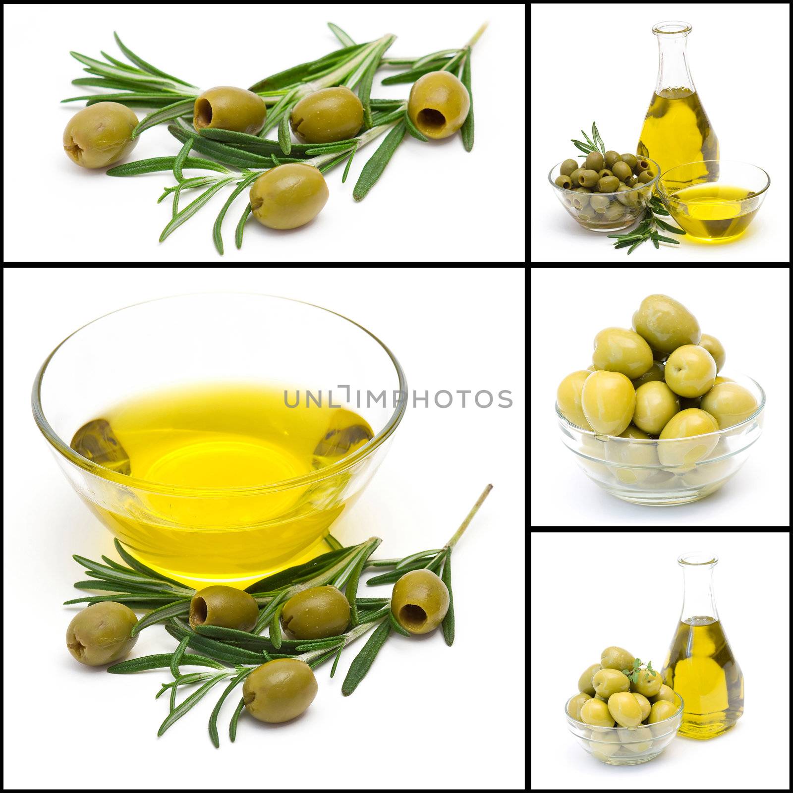 a collage of five pictures of many olives and olive oil by miradrozdowski