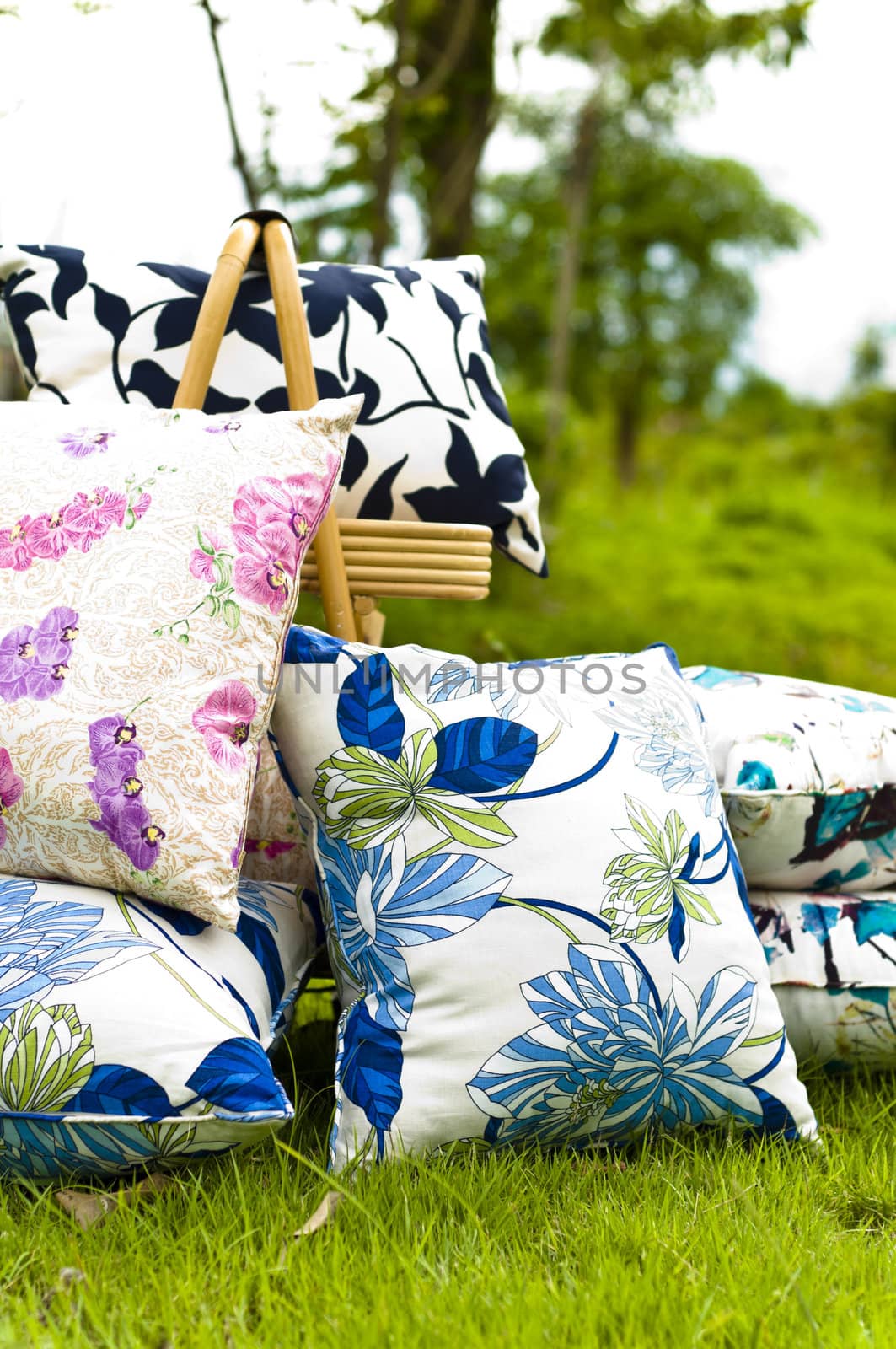 Beautiful pillow displayed on lawn in a garden shallow depth of field