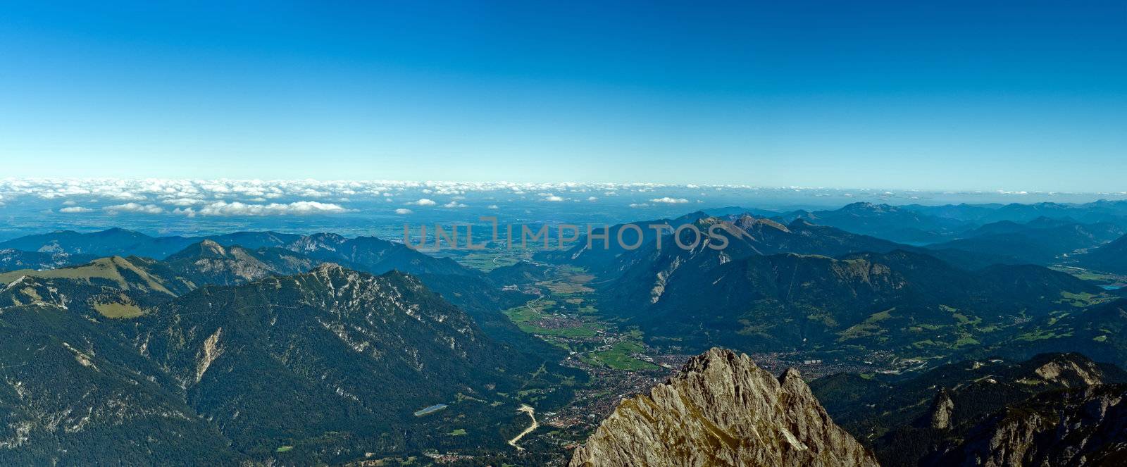 Panoramic View Zugspitze German Austrian Boarder on a sunny day