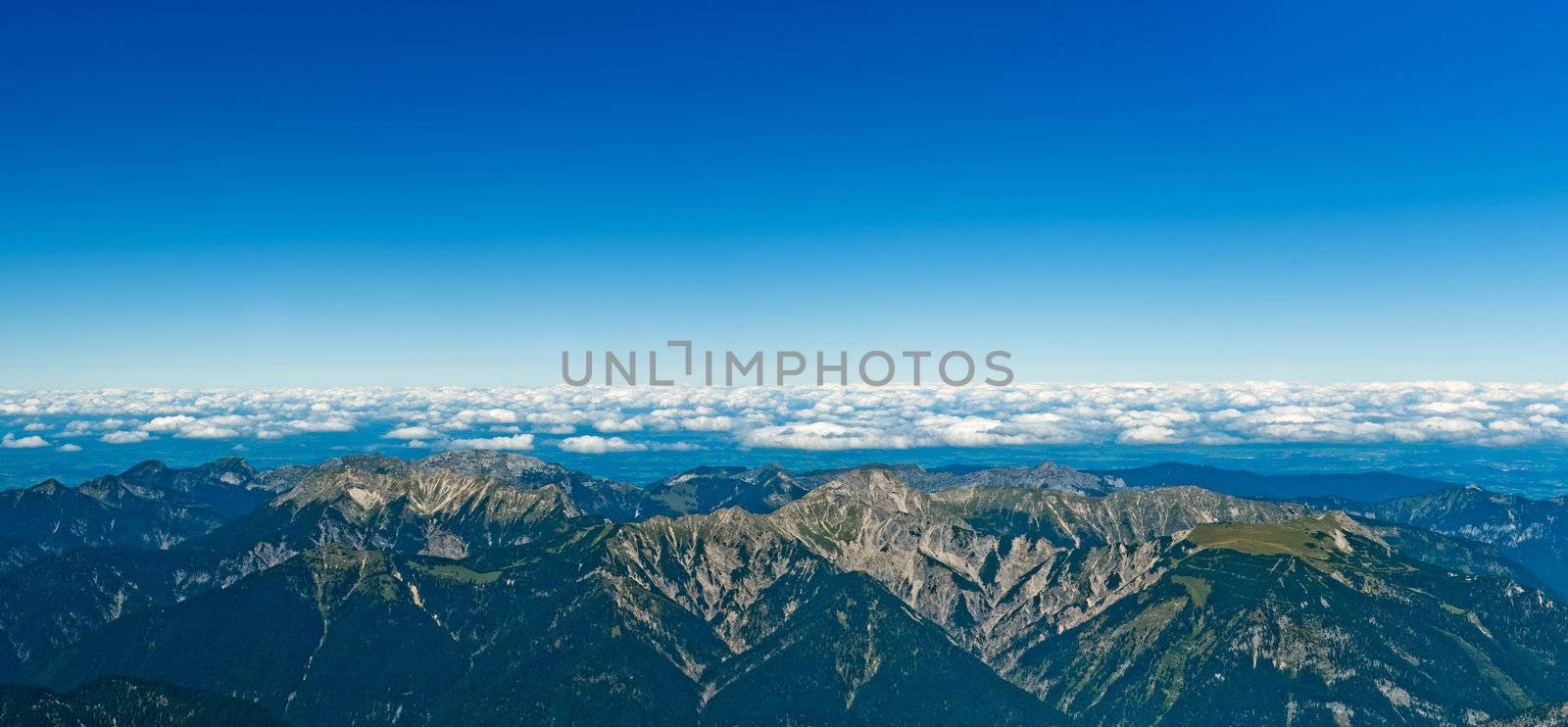 Panoramic View Zugspitze German Austrian Boarder on a sunny day