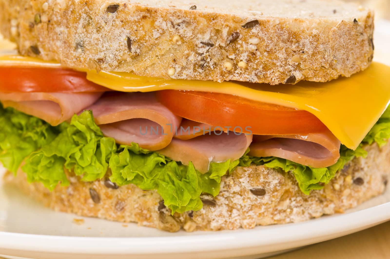 Close-up shoot of a Sandwich with rich Salad in simple setting