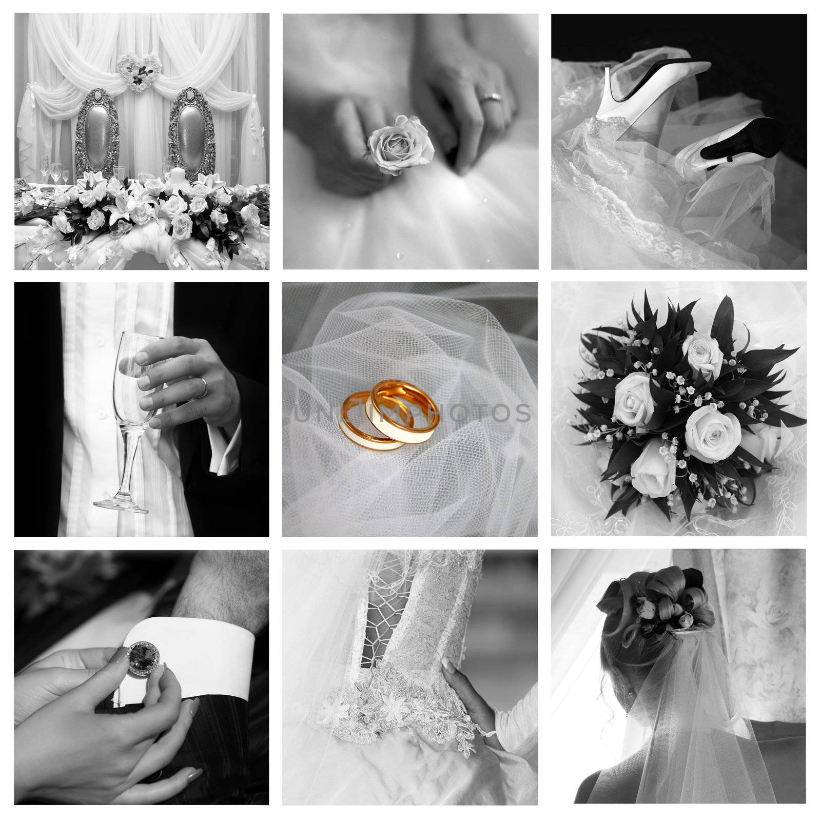 Collage of nine wedding photos in gentle - blue tone