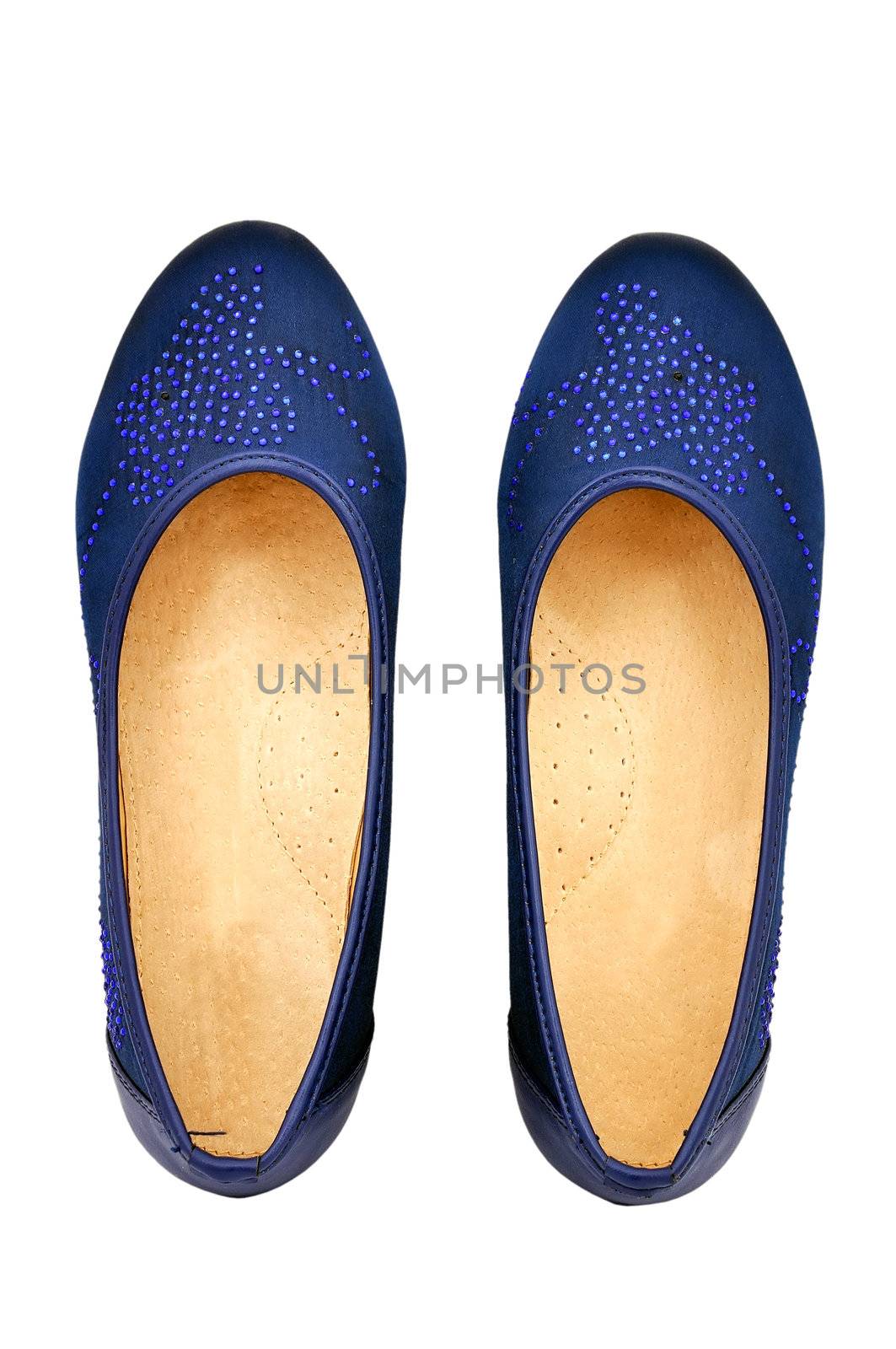 two blue slippers on a white background