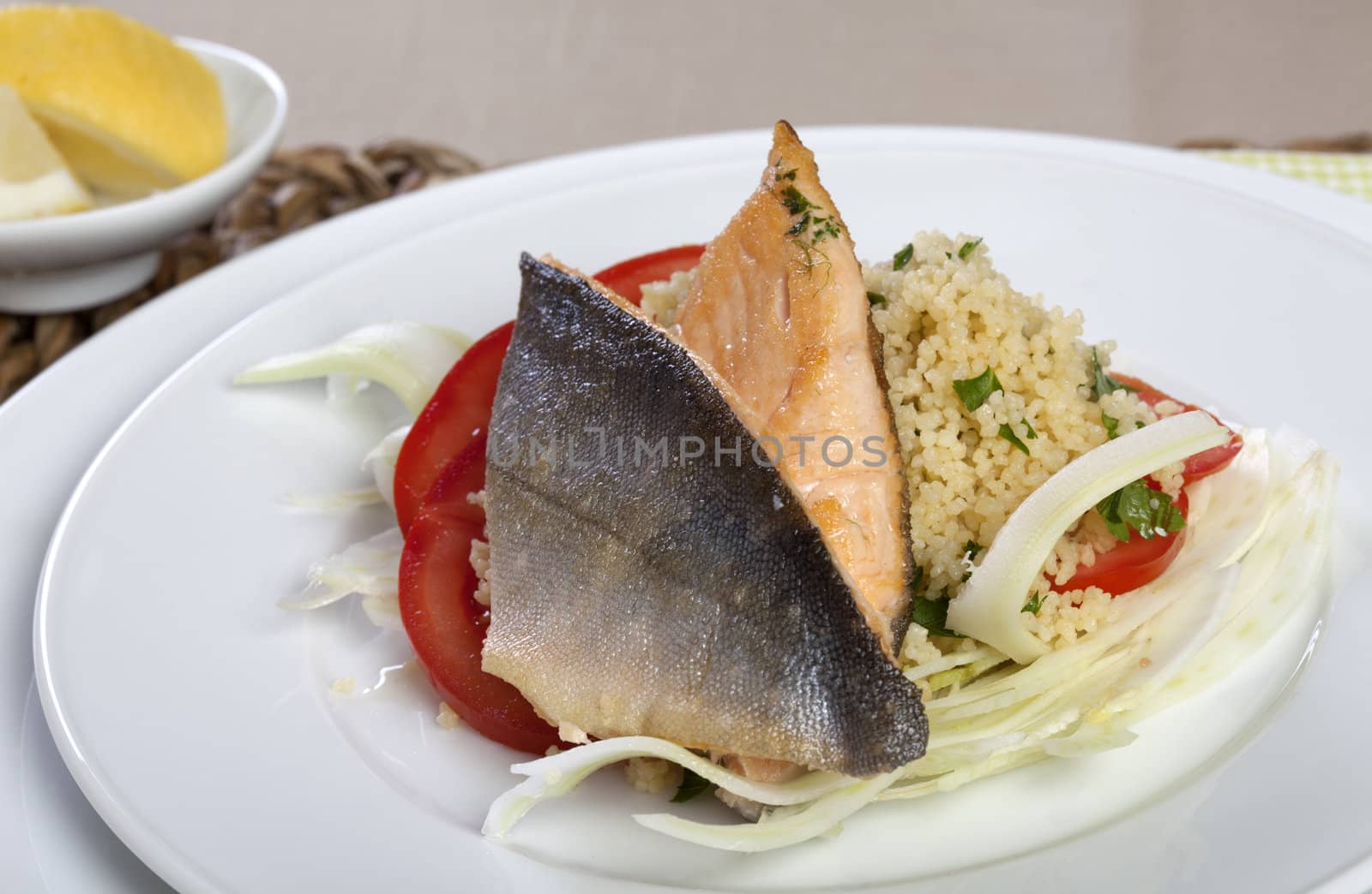 Grilled Arctic Char on Couscous, Fennel and Tomatos