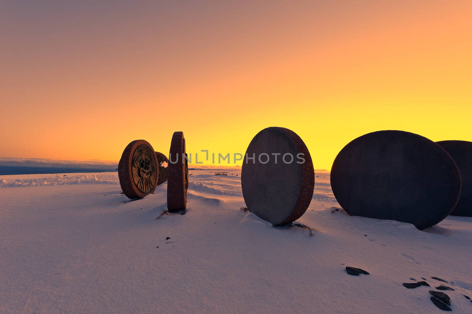 Children Of The Earth monument on North Cape installation at the North Cape in winter, at the northernmost point of Europe, located at 71°10′21″N 25°47′40″E