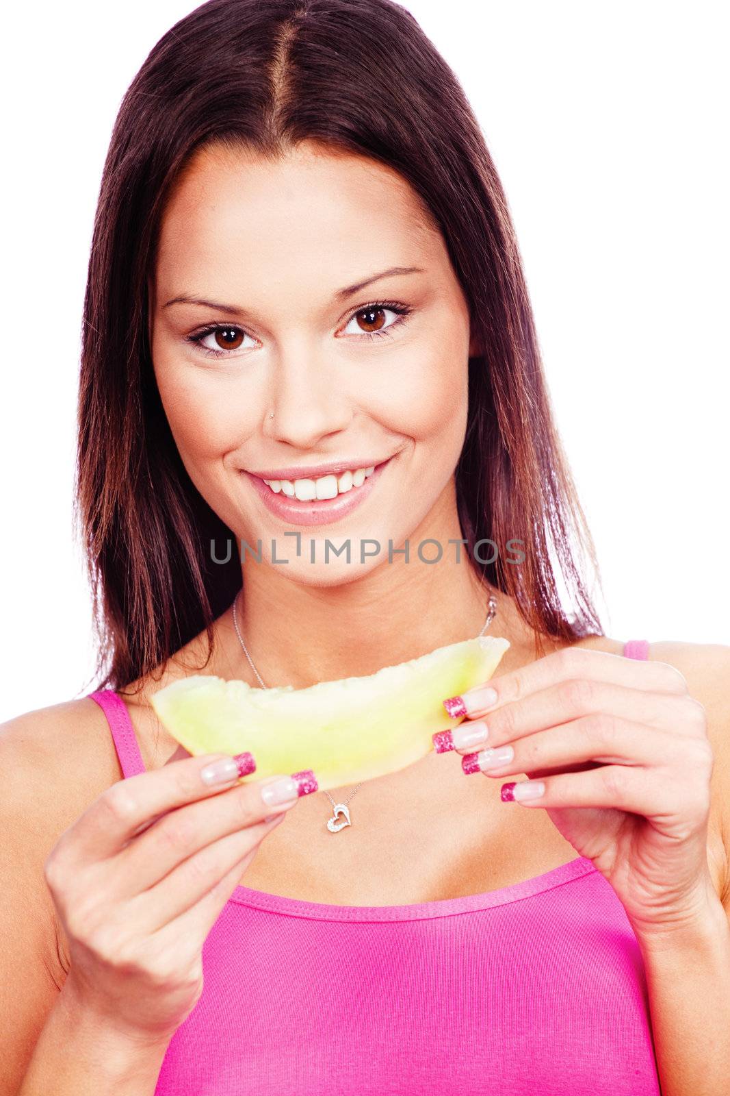 Young woman holding slice of yellow melon, isolated on white background