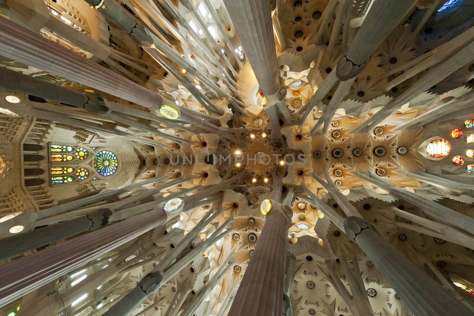 Interior of the famous symbol of Barcelona and architectural landmark - Gaudi's Sagrada Familia (Holy Family) on Dec. 15th 2012