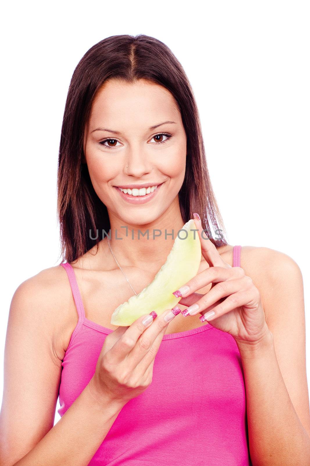 woman holding slice of yellow melon by imarin
