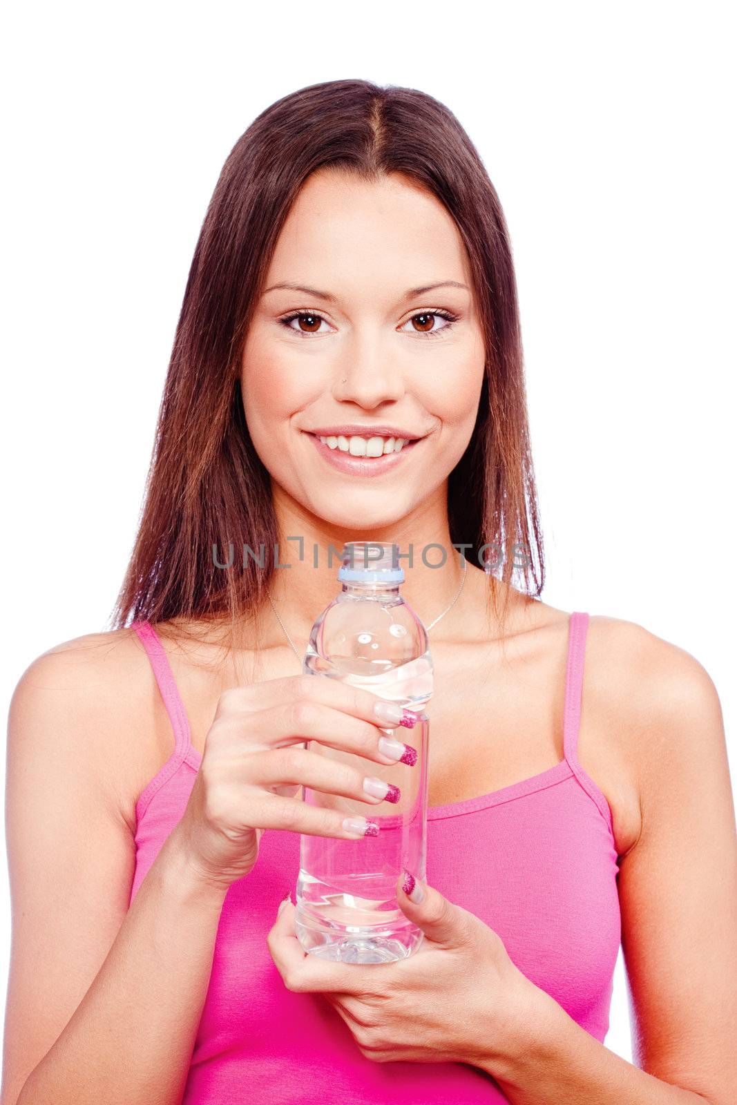 Woman holding bottle of water, isolated on white