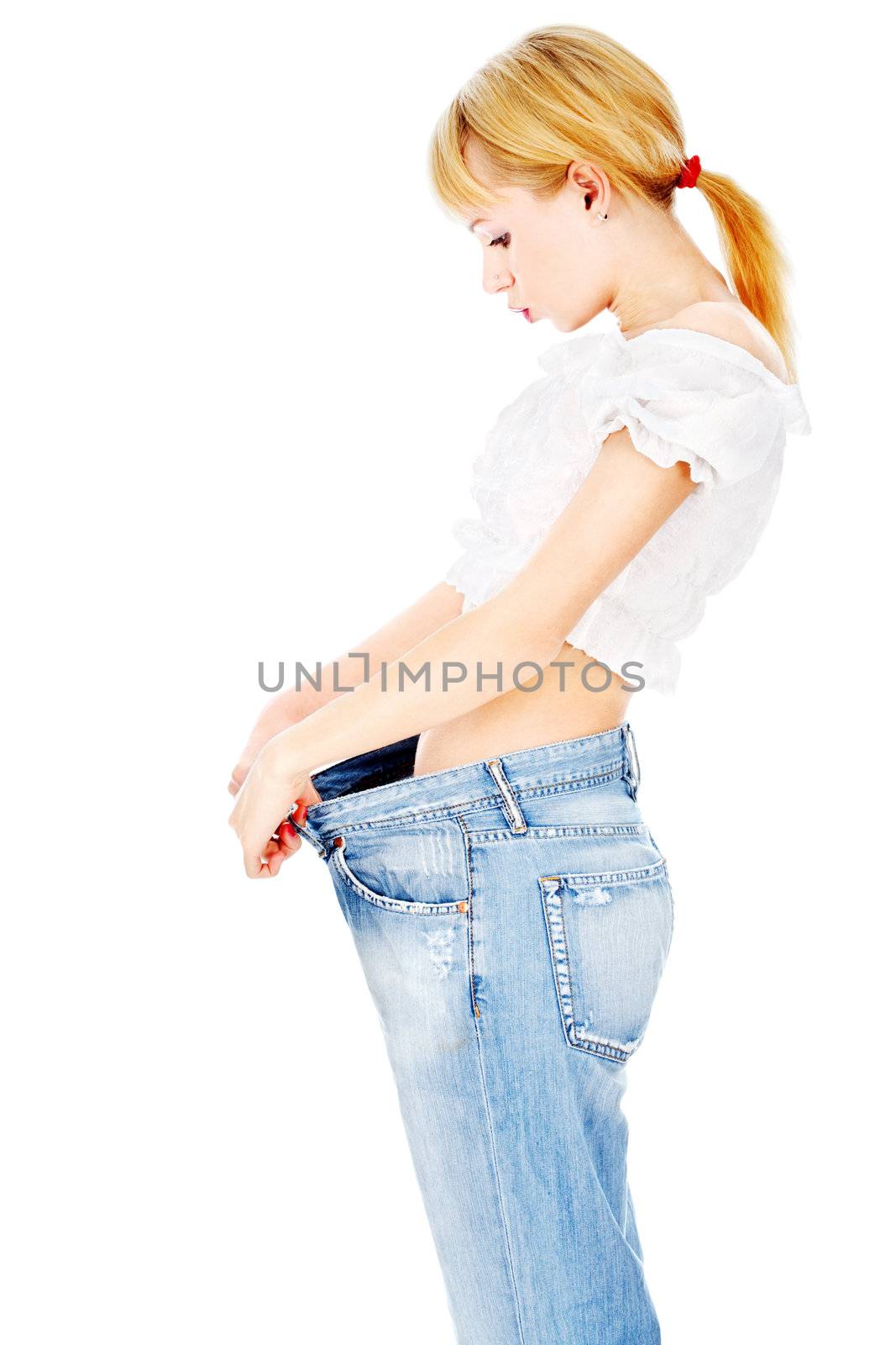 Handsame lady losted her kilograms, isolated on white background
