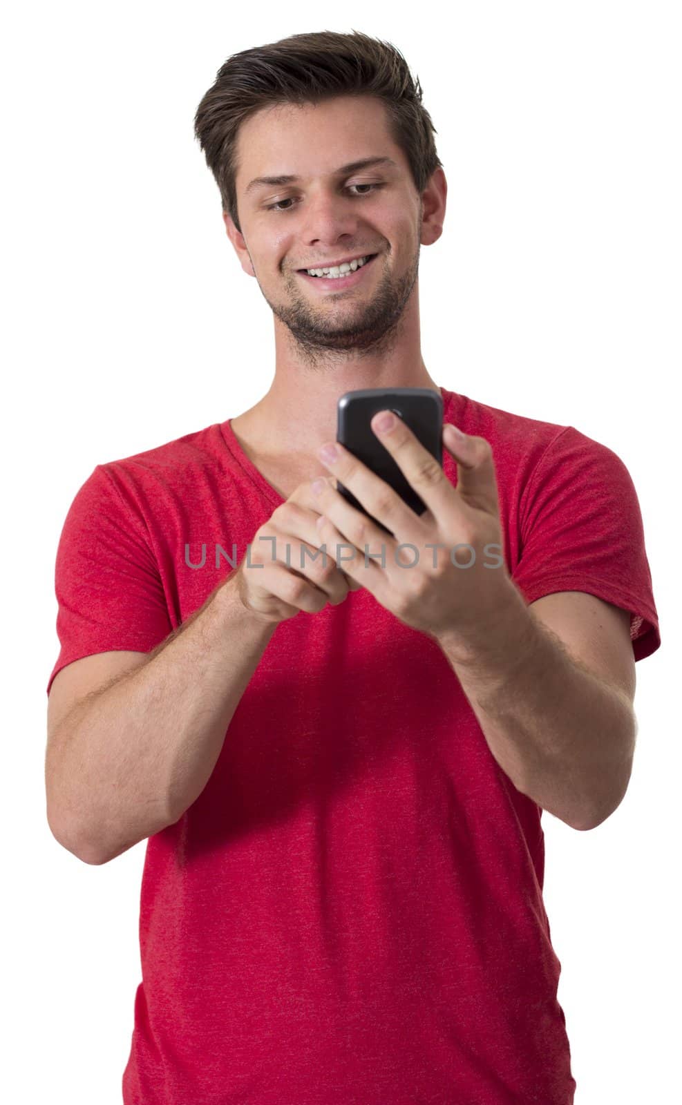 Young White Man In Red T-Shirt Working On His Smartphone