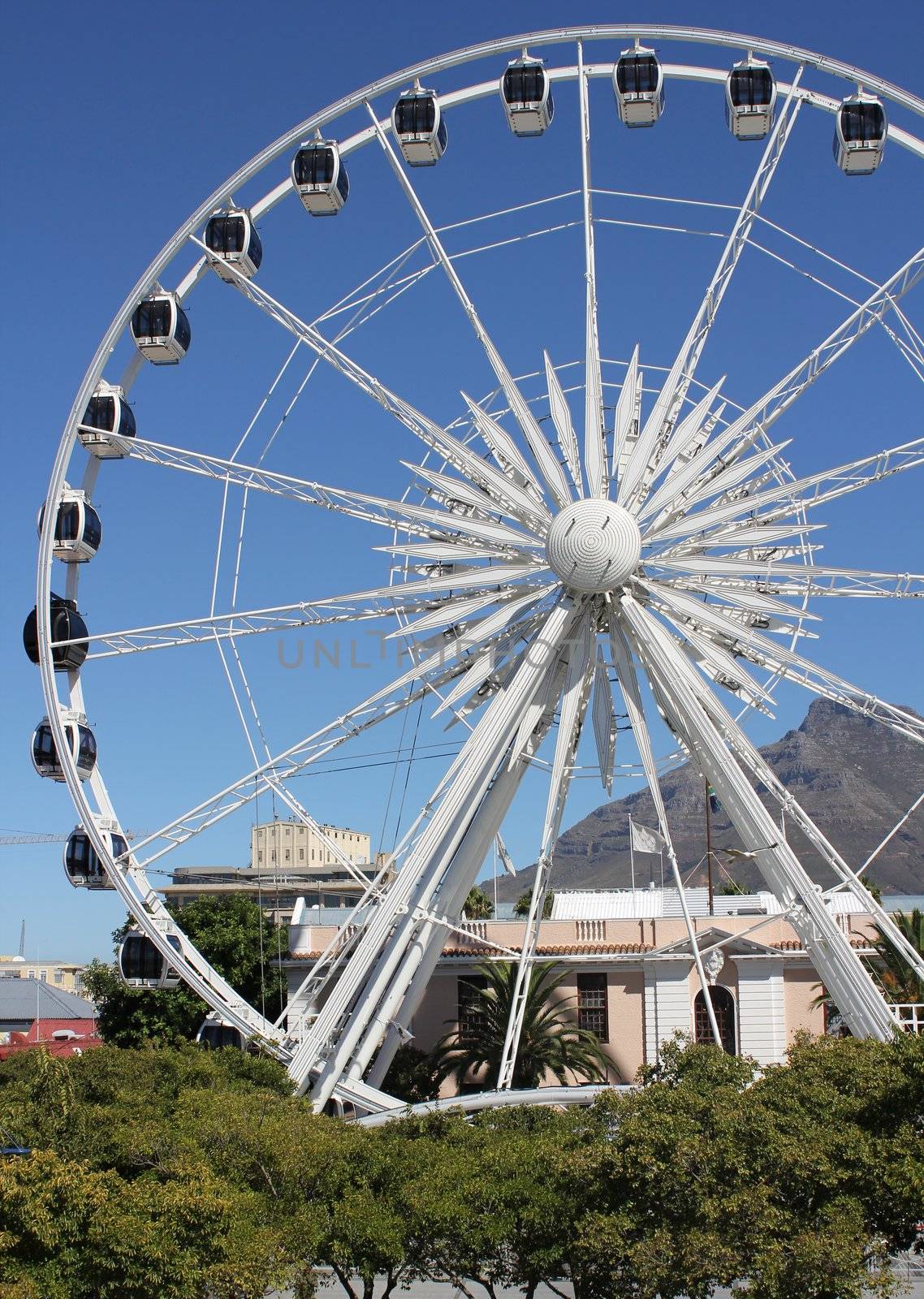 Ferris Wheel in front of blue sky at V&A Waterfront in Cape Town, South Africa