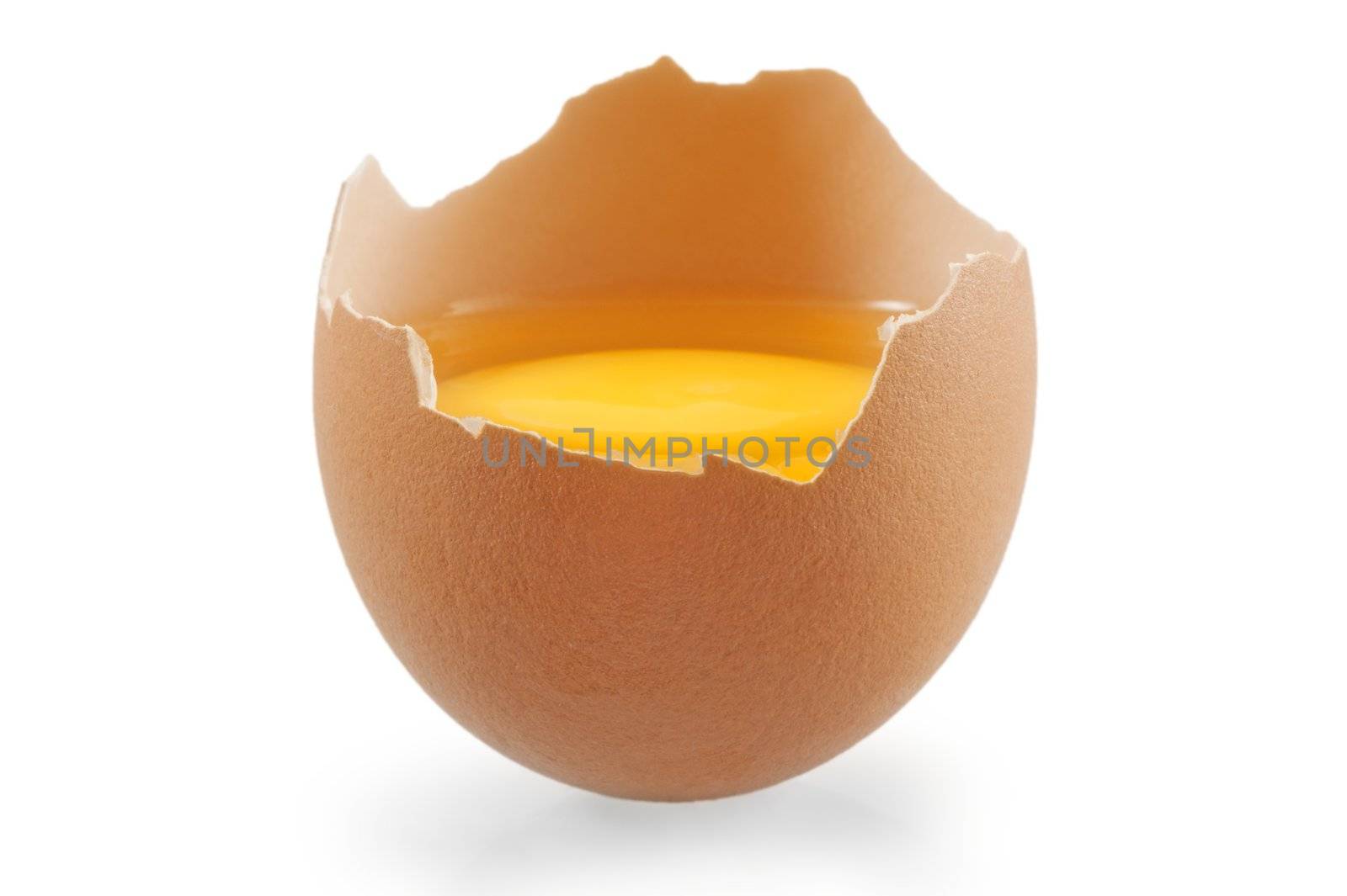 close up on a broken raw eggs, one whole isolated on white background