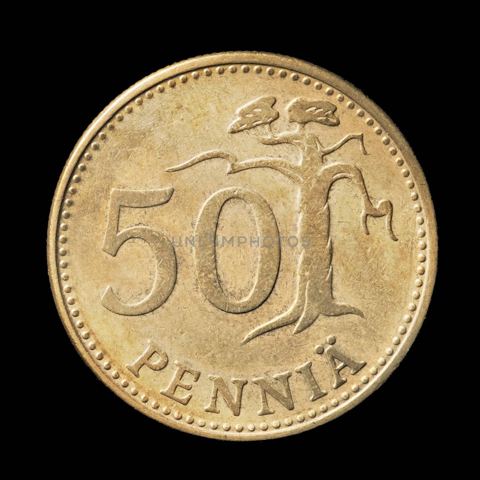 Finnish 50 penni coin from circa 1963 on black background.