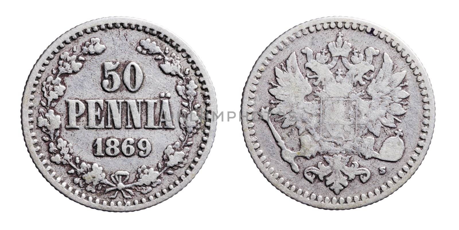Old Finnish silver 50 penny (penni) coin from 1869.