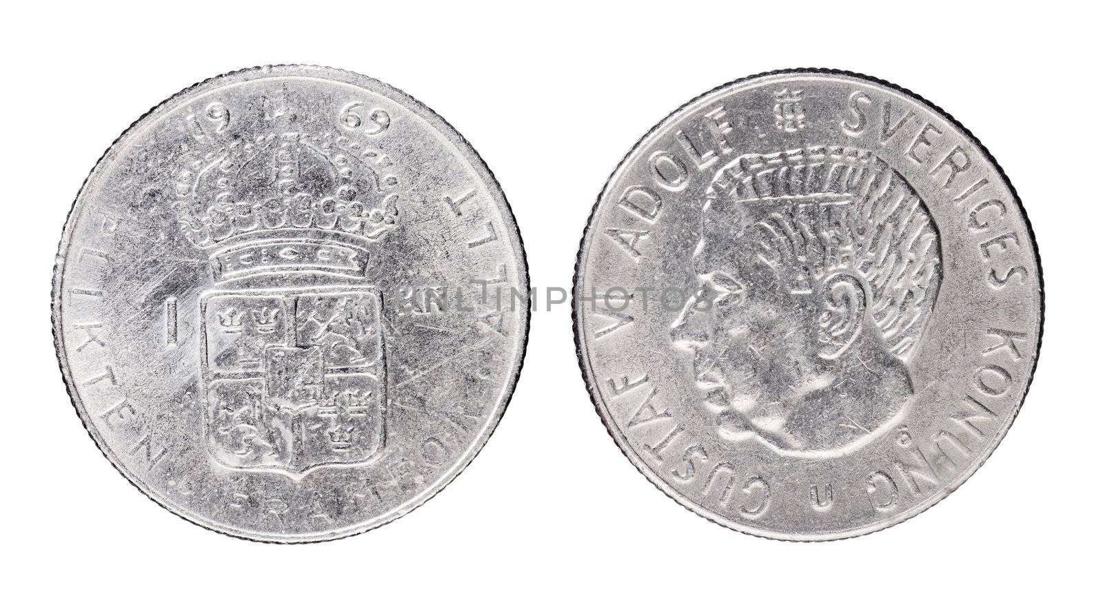 Swedish 1 Krona aka "Crown" coin from 1969 with King Gustaf VI Adolf of Sweden.