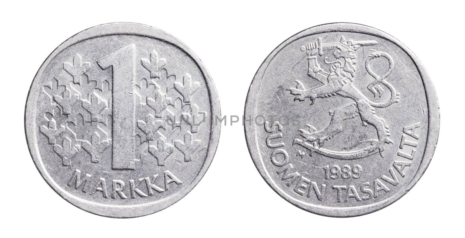 Finnish 1 Markka (FIM) coin from 1989. This type of coin was struck between 1964 and 1993. The Finnish markka was the currency  of Finland  from 1860 until 28 February 2002, when it ceased to be legal tender because of the introduction of Euro.