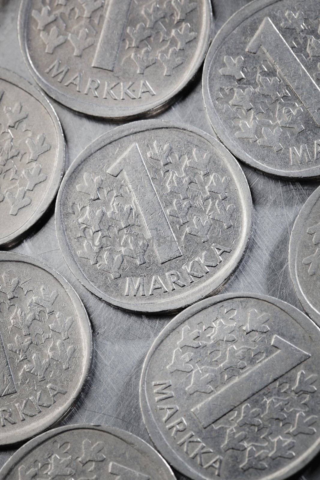Finnish 1 Markka coins. This type of coin was struck and used between 1964 and 1993.