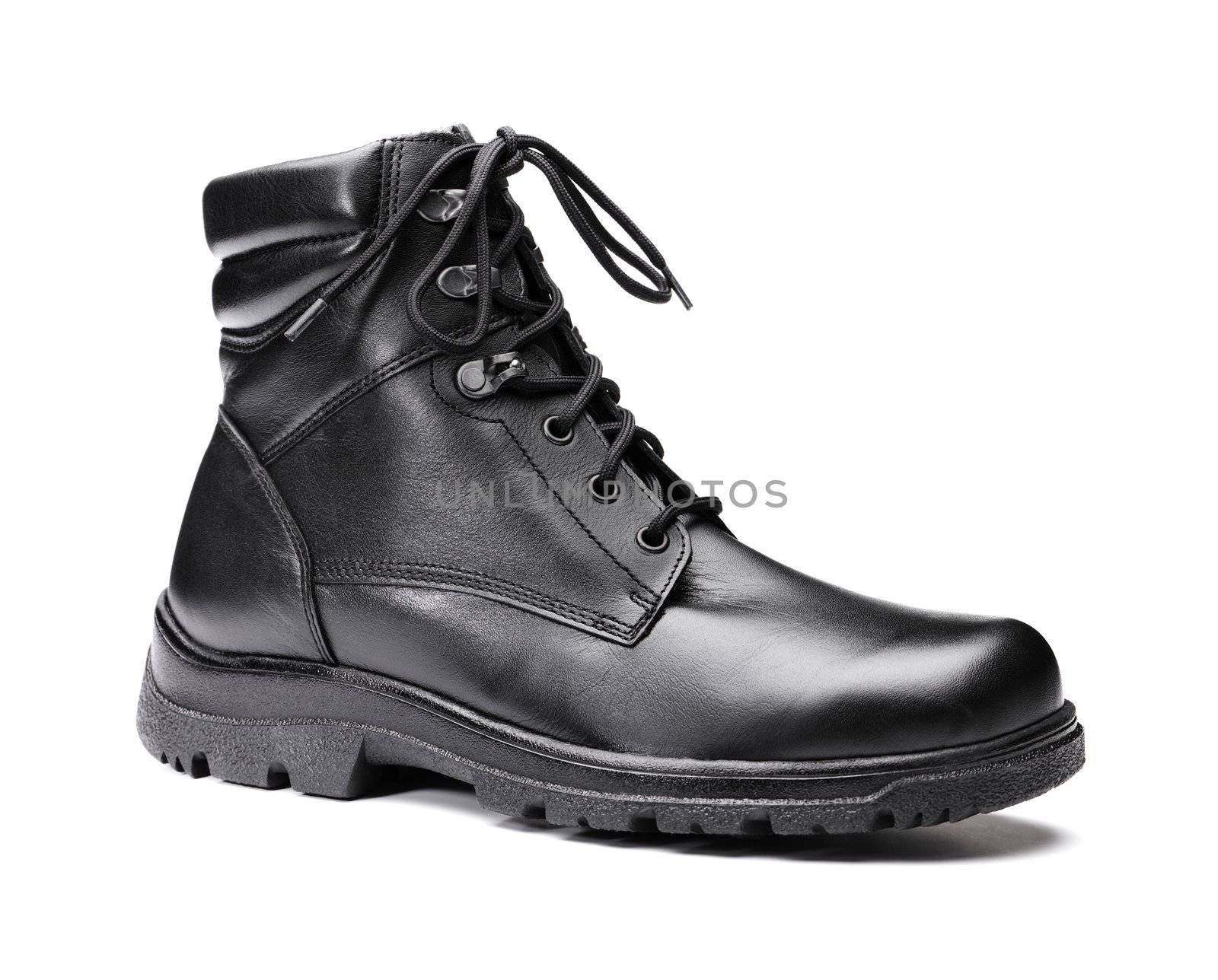 A New men's insulated black leather winter boot isolated on white.