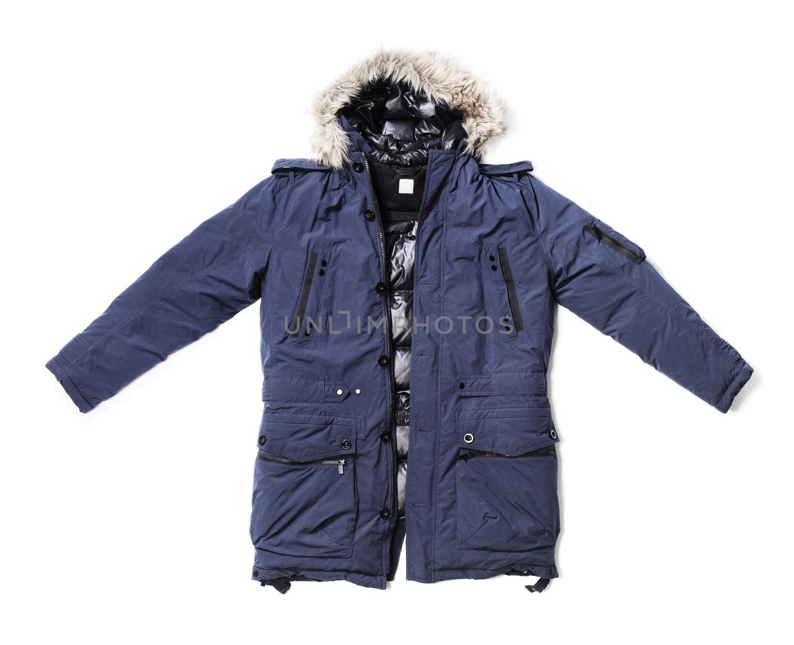 Men's blue down lined winter parka isolated on white with natural shadows.
