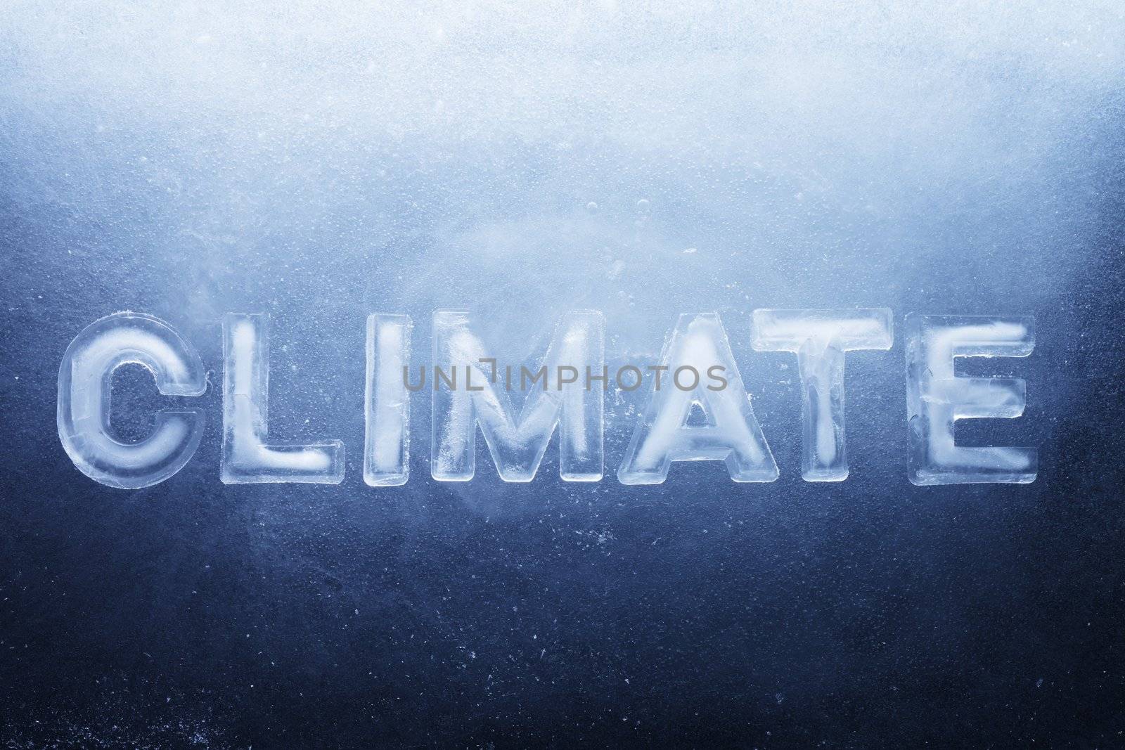 Word "Climate" made of real ice letters on ice background.