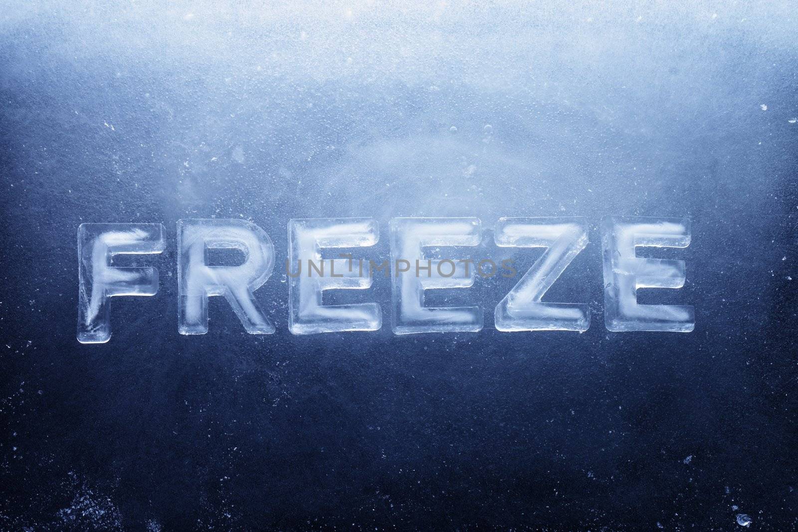 Word Freeze made of letters made of real ice.